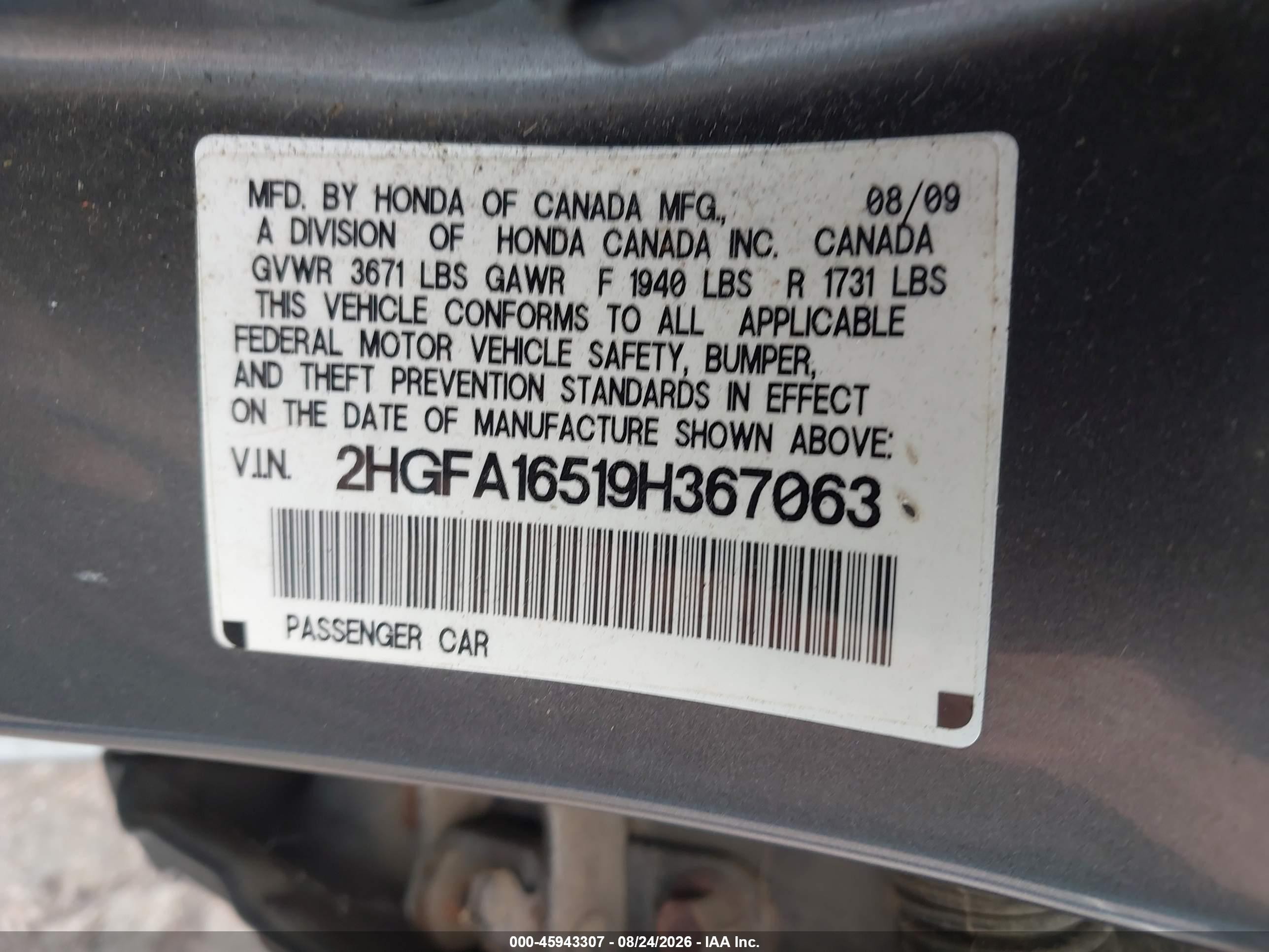 2009 Honda Civic Lx Gray vin: 2HGFA16519H367063