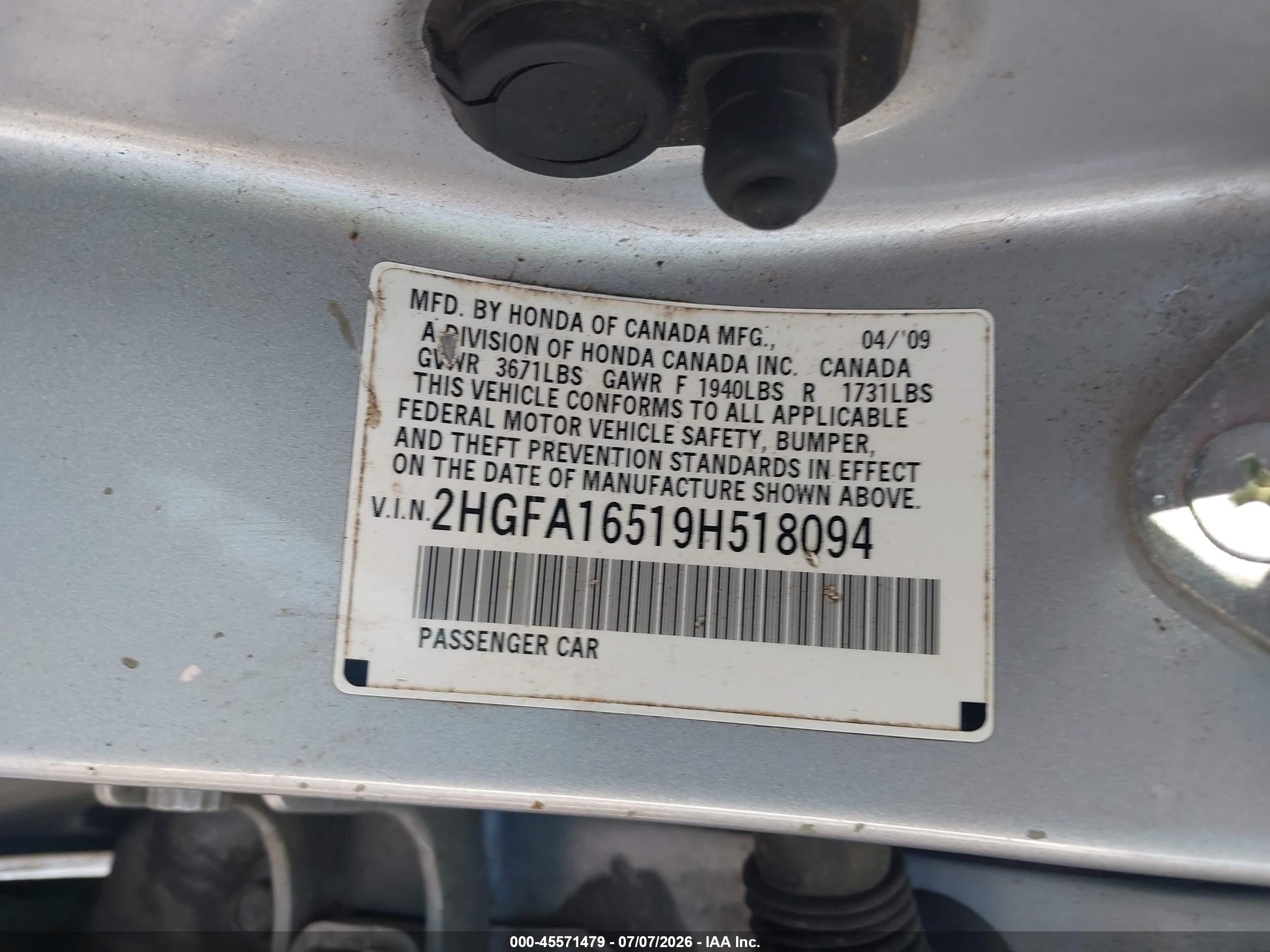 2009 Honda Civic Lx Silver vin: 2HGFA16519H518094