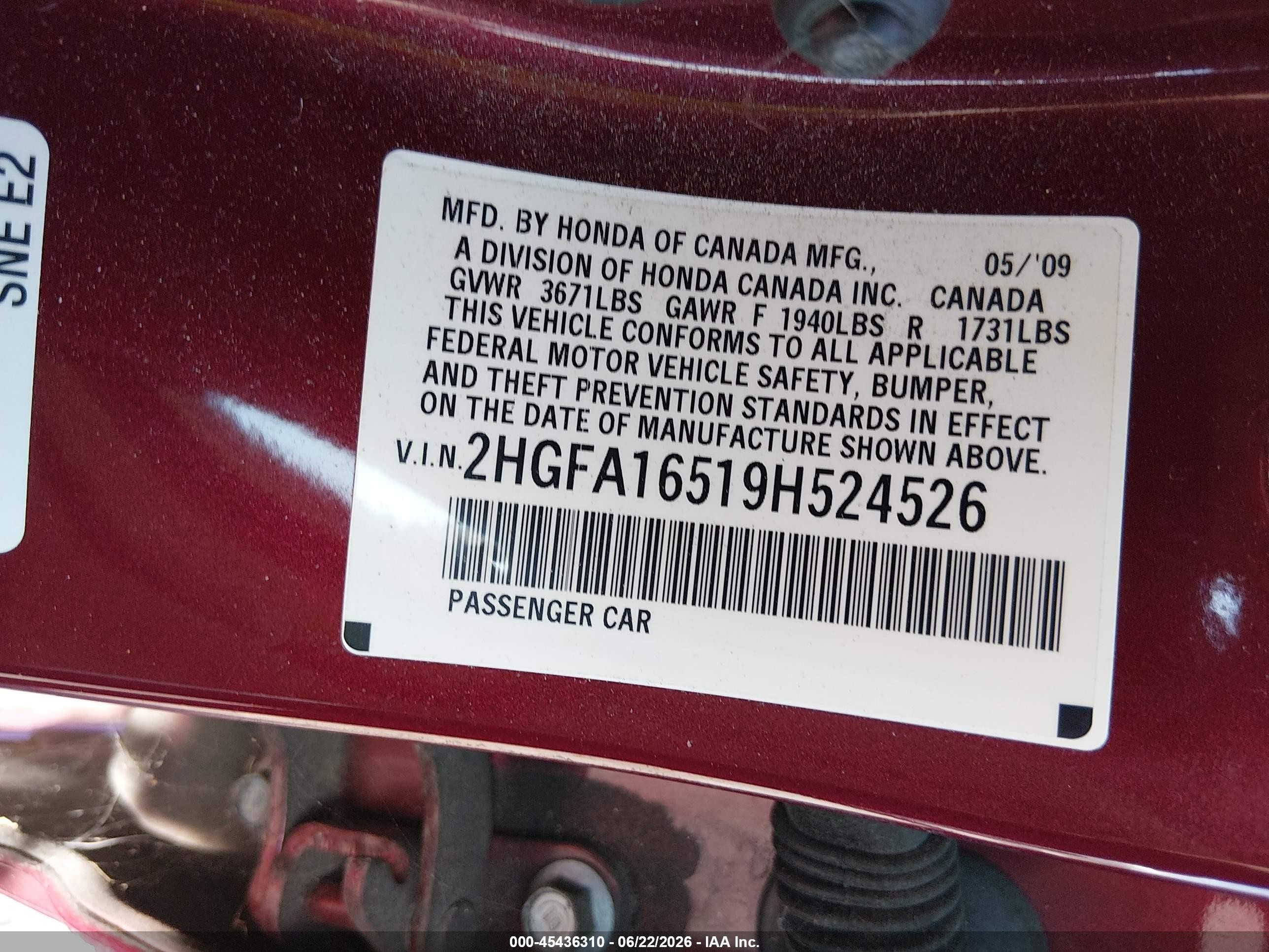 2009 Honda Civic Lx Red vin: 2HGFA16519H524526