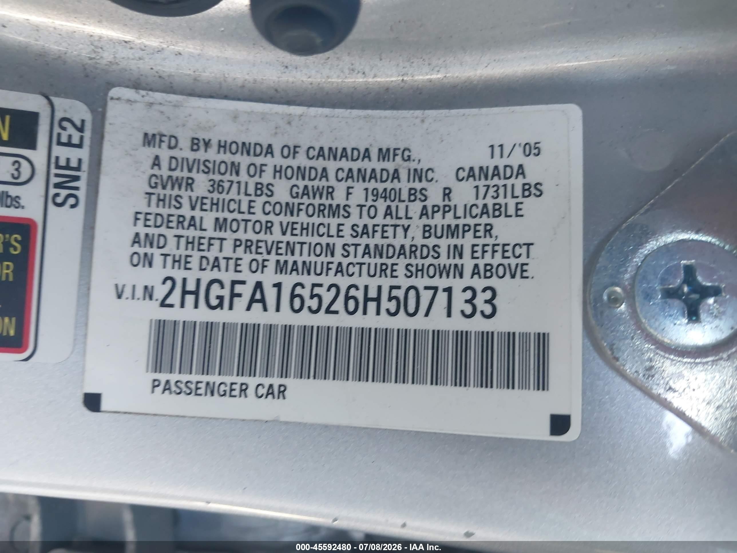 2006 Honda Civic Lx Silver vin: 2HGFA16526H507133
