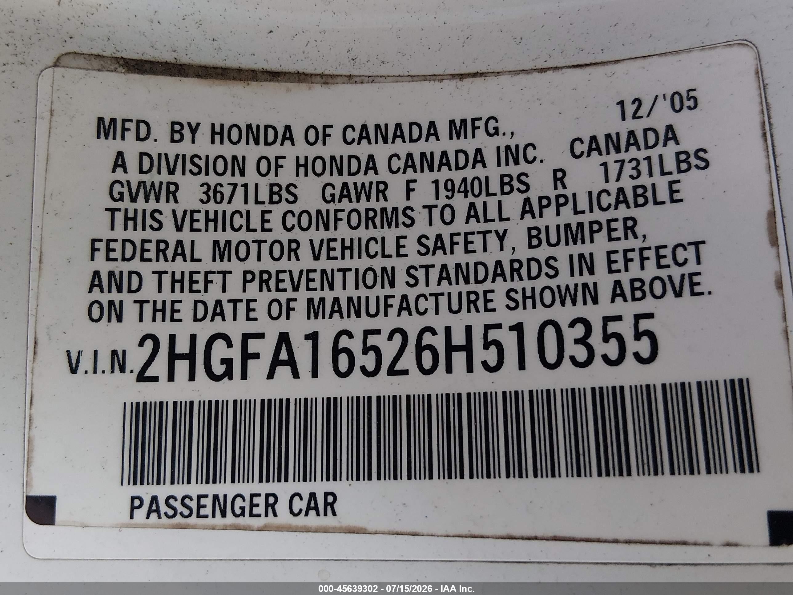 2006 Honda Civic Lx White vin: 2HGFA16526H510355