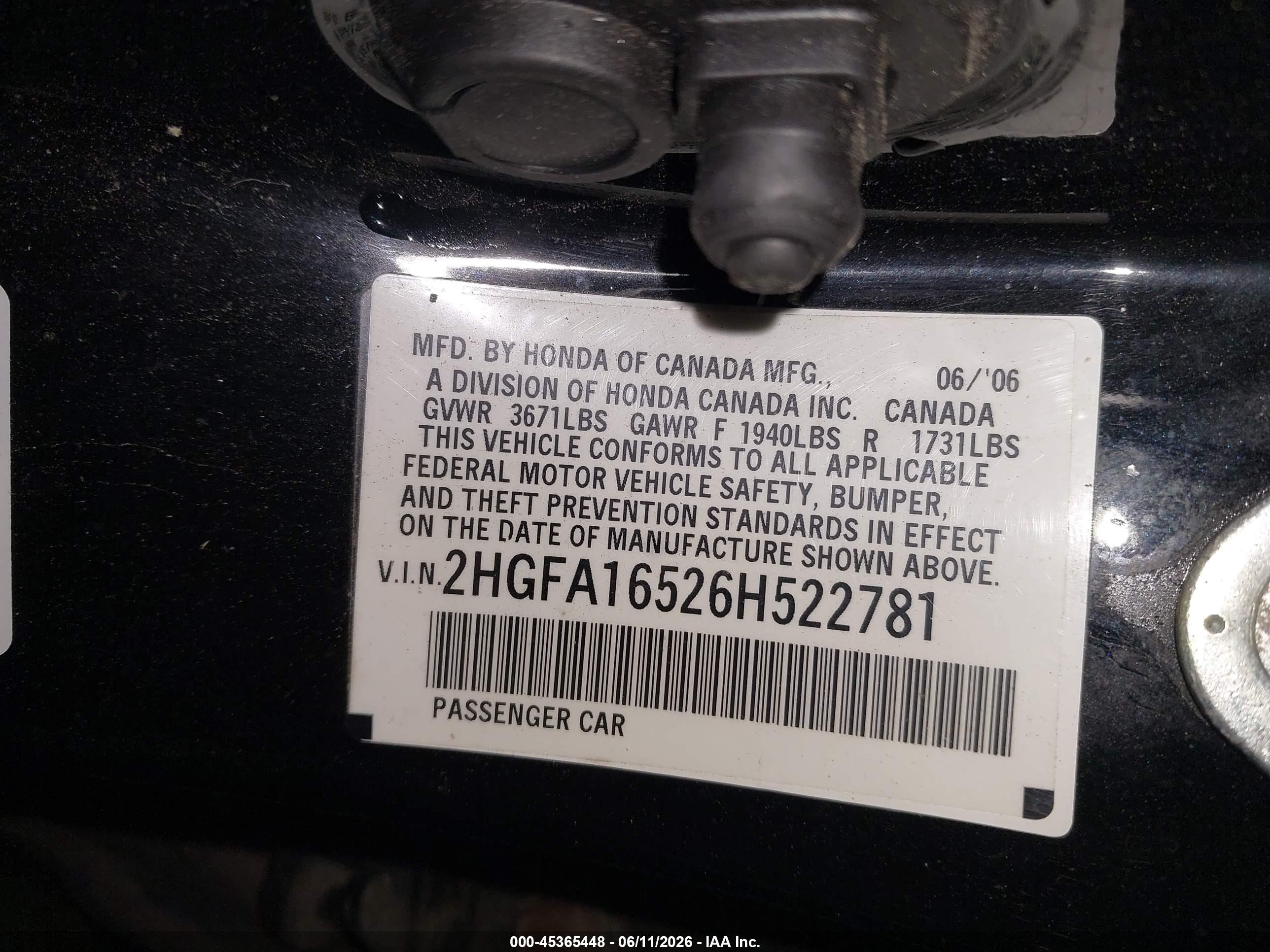 2006 Honda Civic Lx Black vin: 2HGFA16526H522781