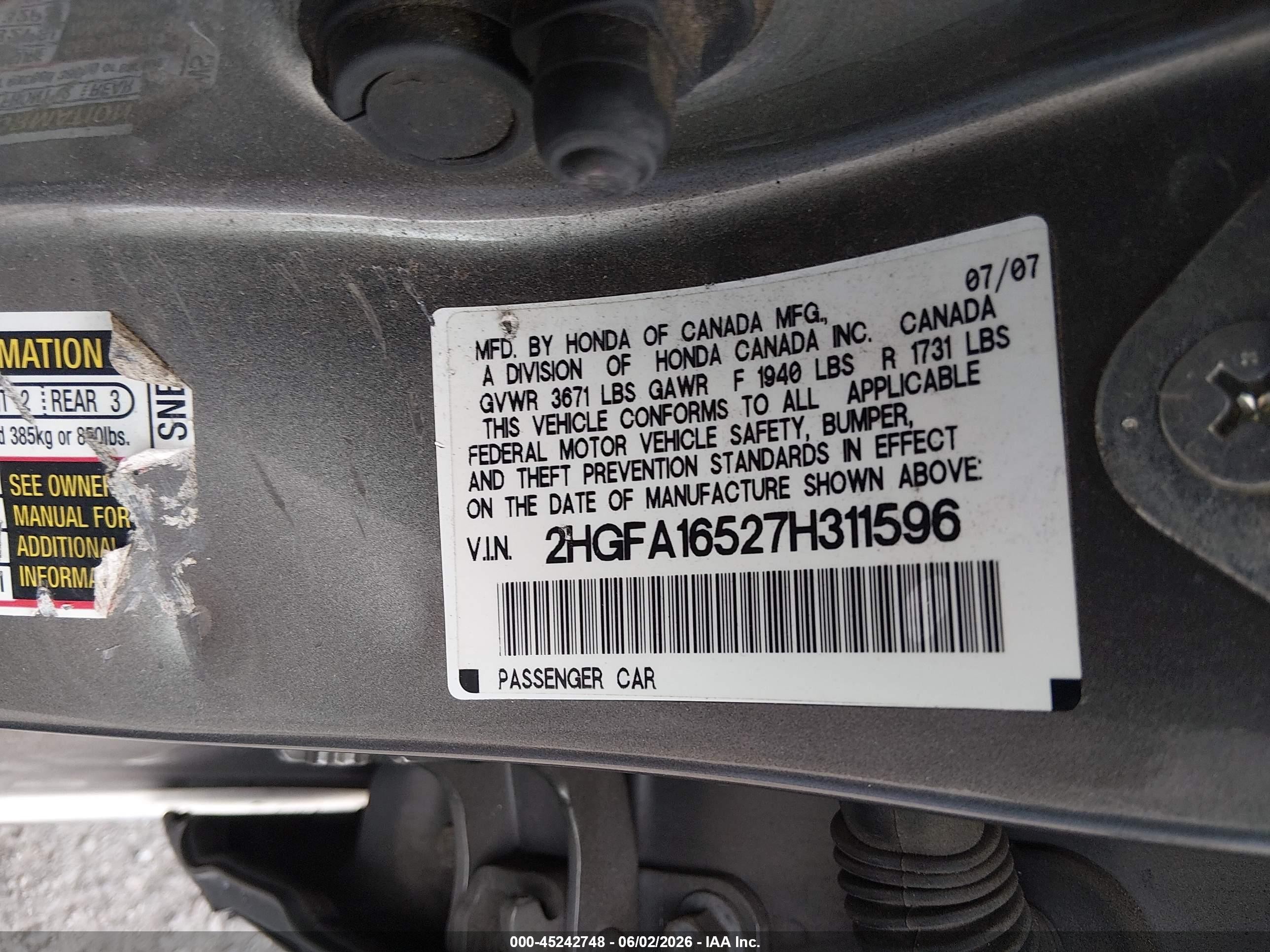 2007 Honda Civic Lx Gray vin: 2HGFA16527H311596