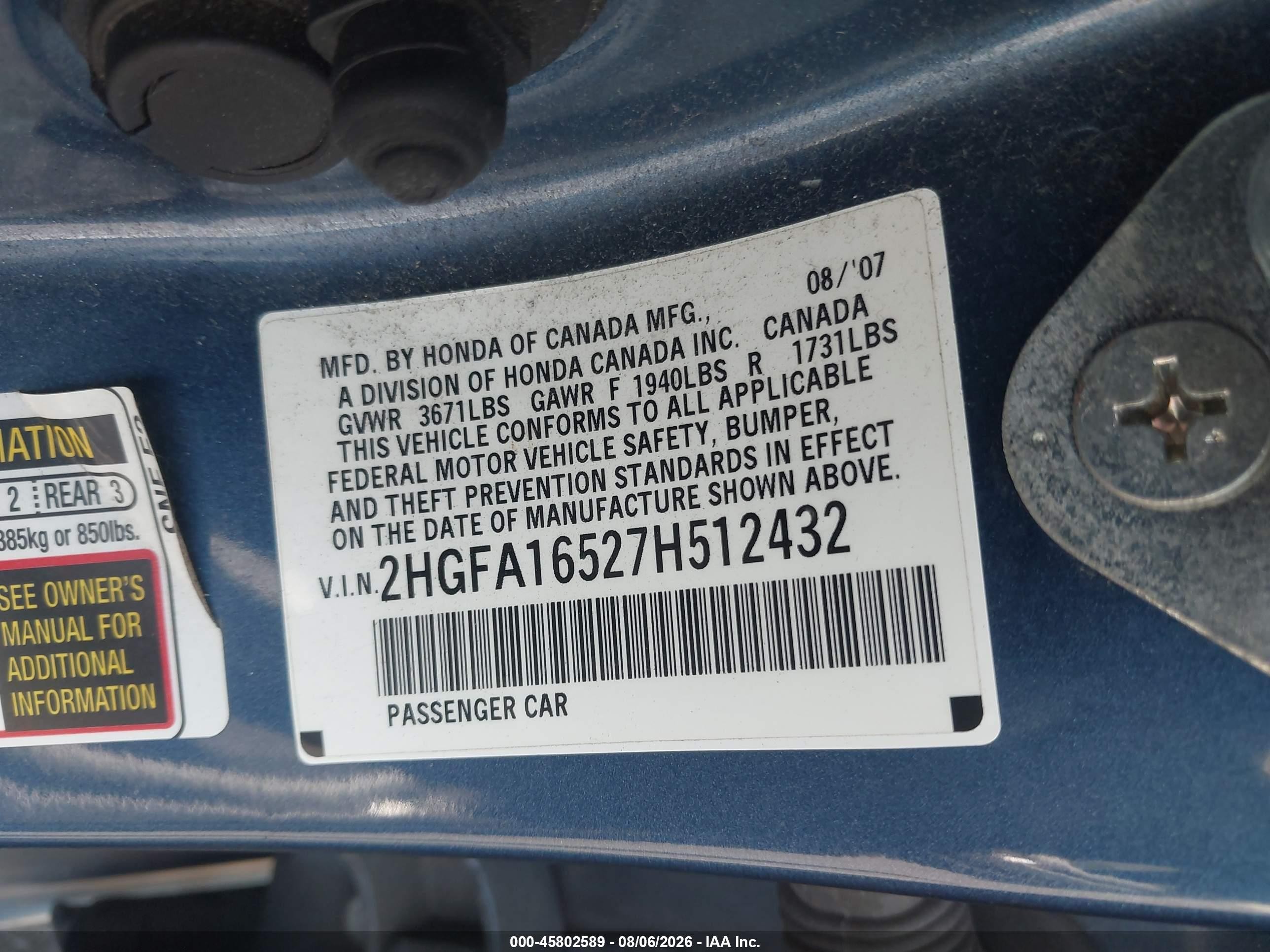 2007 Honda Civic Lx Blue vin: 2HGFA16527H512432
