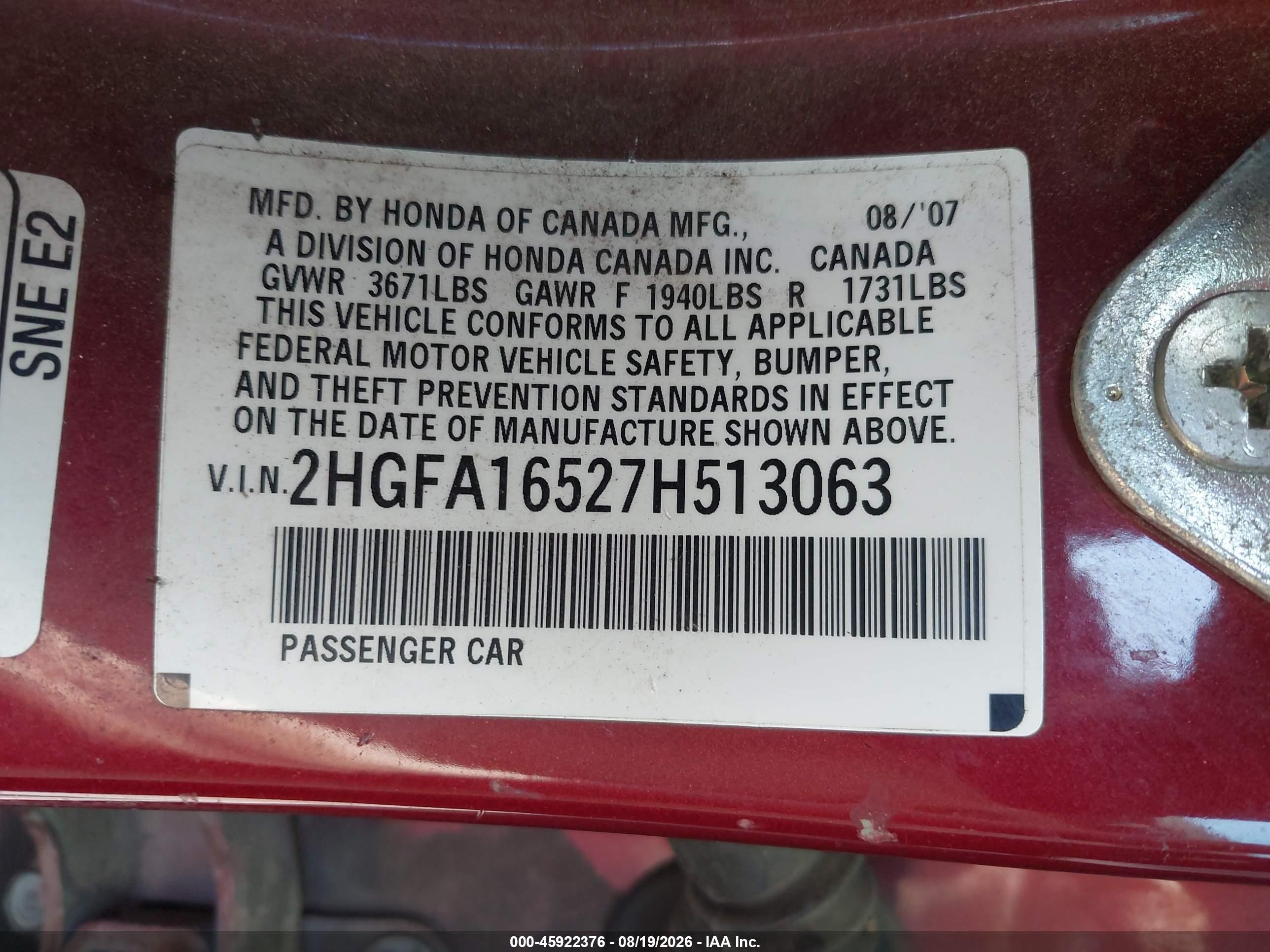 2007 Honda Civic Lx Бордовый vin: 2HGFA16527H513063