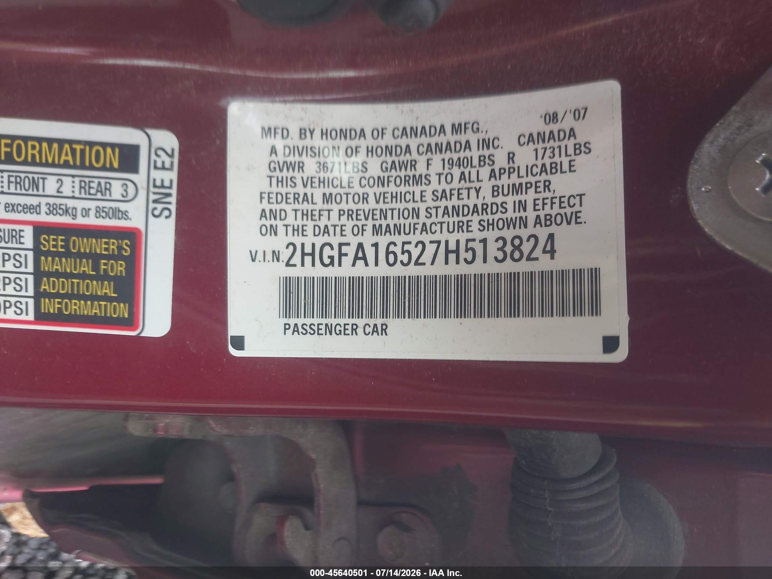 2007 Honda Civic Lx Red vin: 2HGFA16527H513824