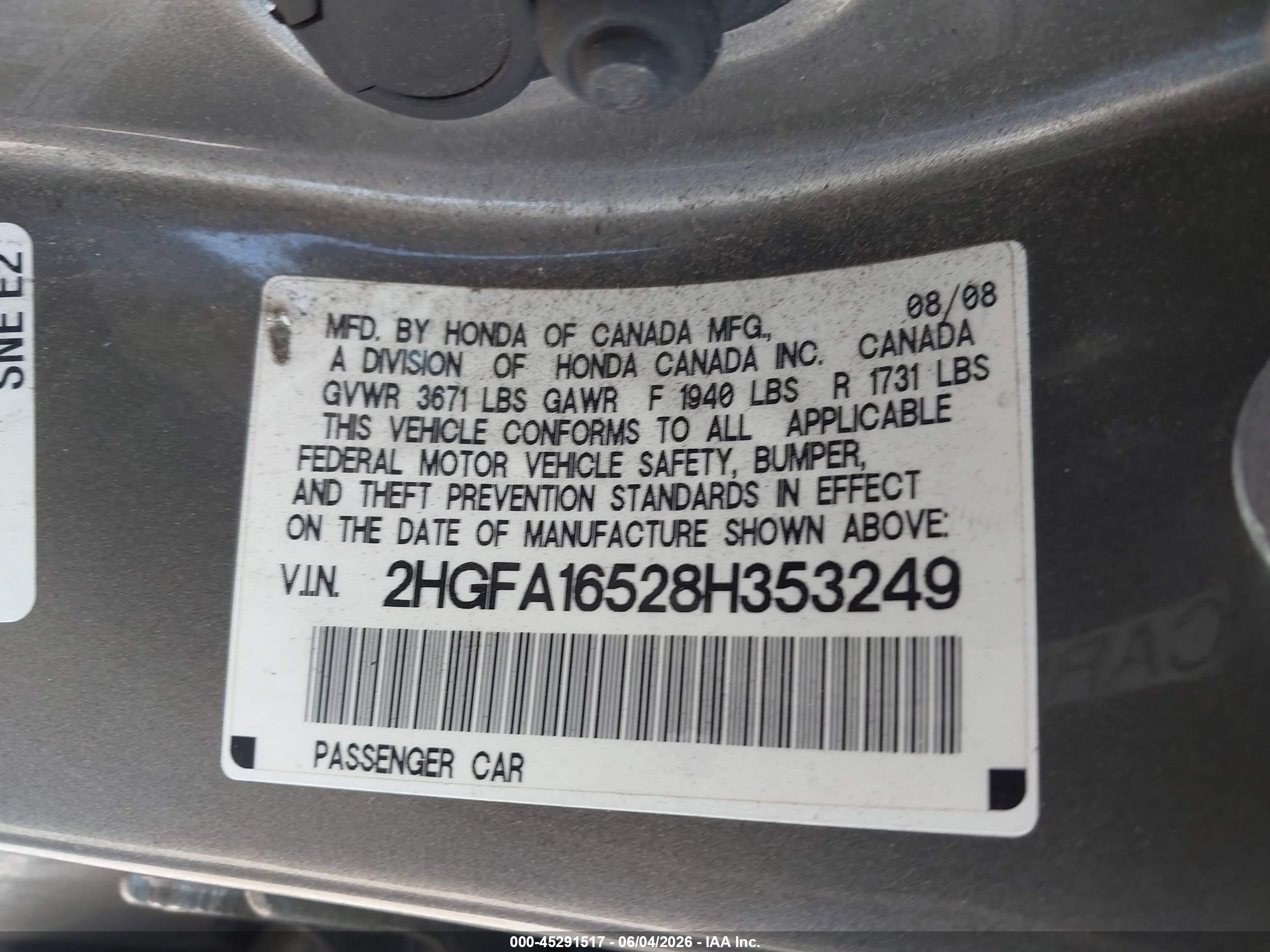 2008 Honda Civic Lx Gray vin: 2HGFA16528H353249