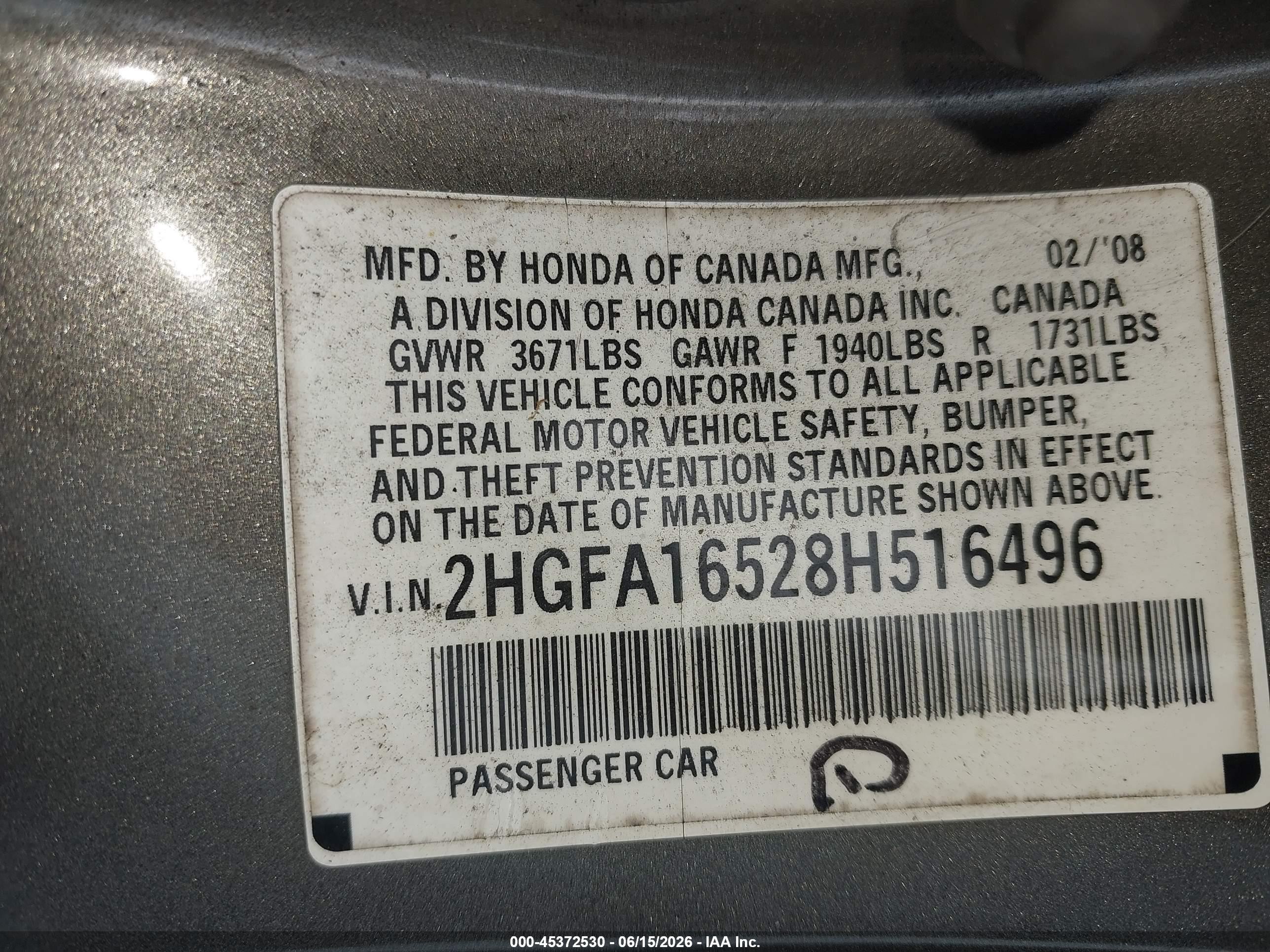 2008 Honda Civic Lx Серый vin: 2HGFA16528H516496