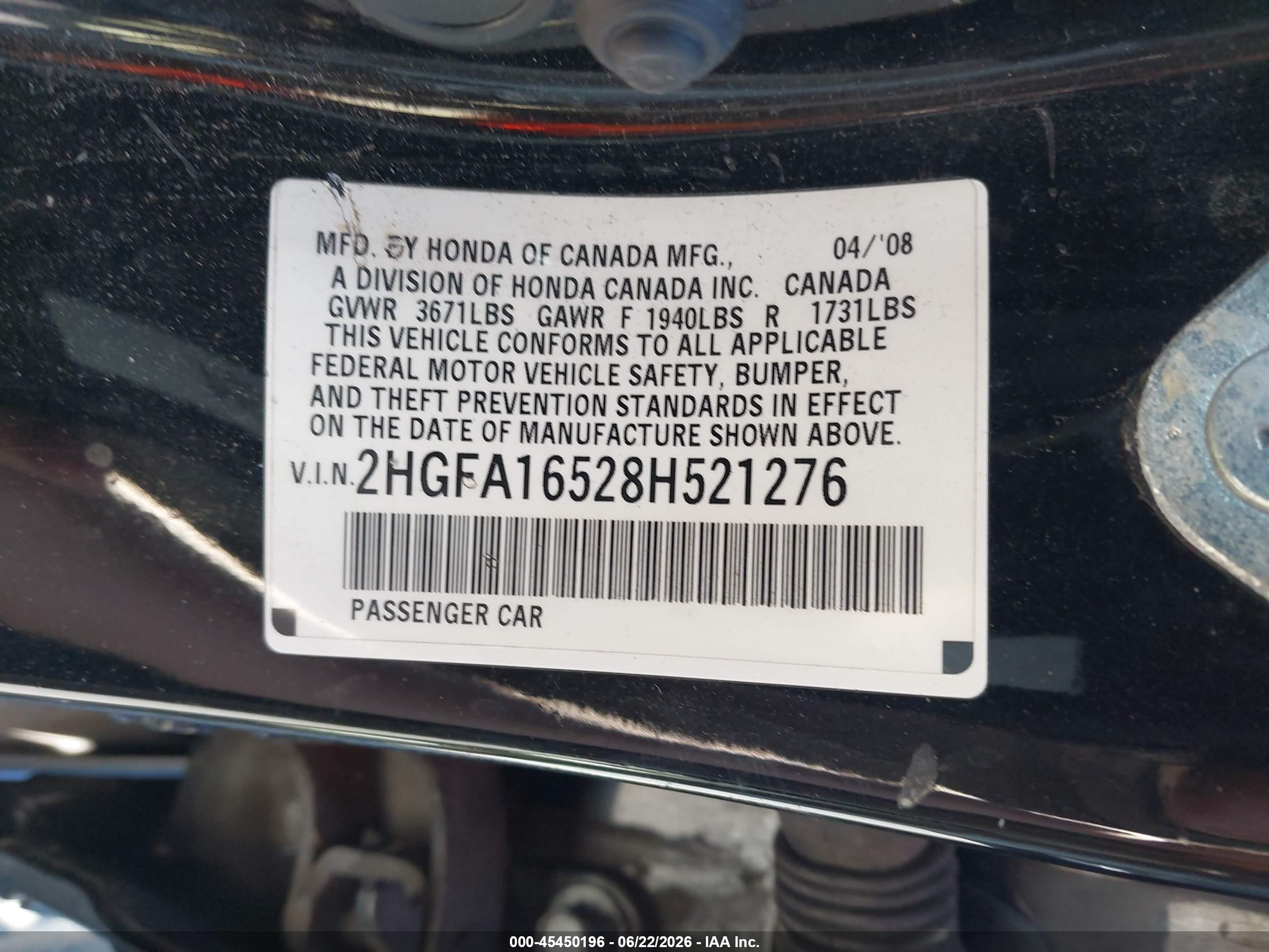 2008 Honda Civic Lx Black vin: 2HGFA16528H521276
