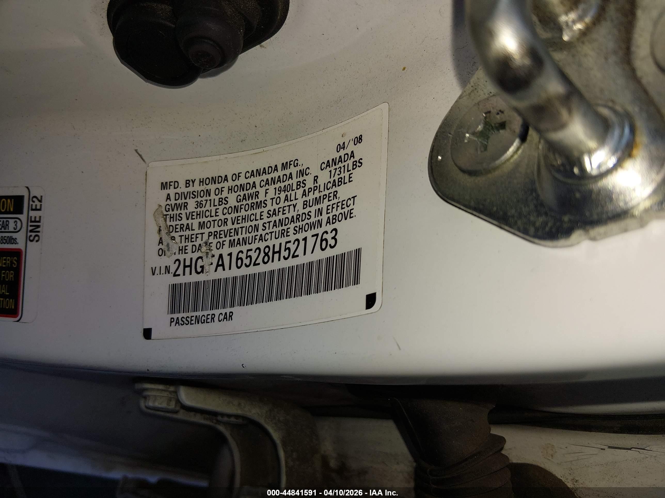 2008 Honda Civic Lx White vin: 2HGFA16528H521763