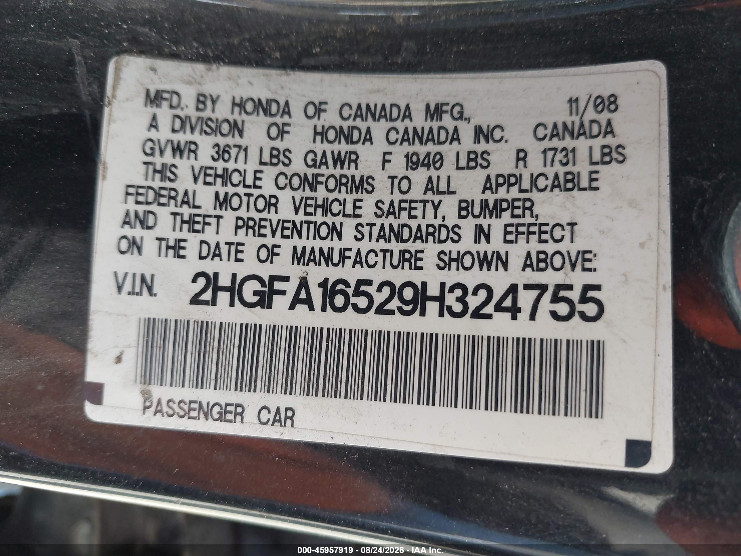 2009 Honda Civic Lx Черный vin: 2HGFA16529H324755
