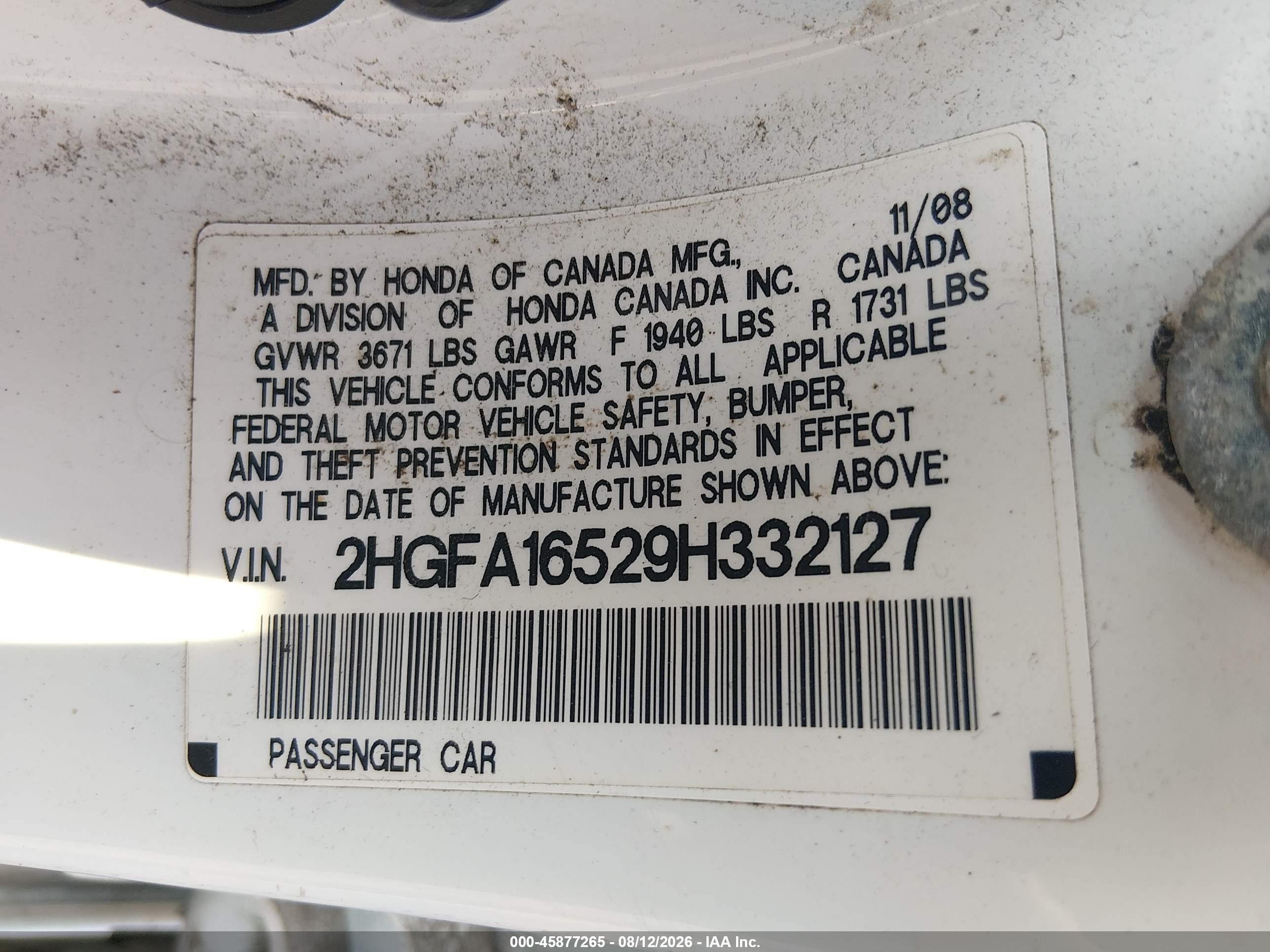 2009 Honda Civic Lx White vin: 2HGFA16529H332127