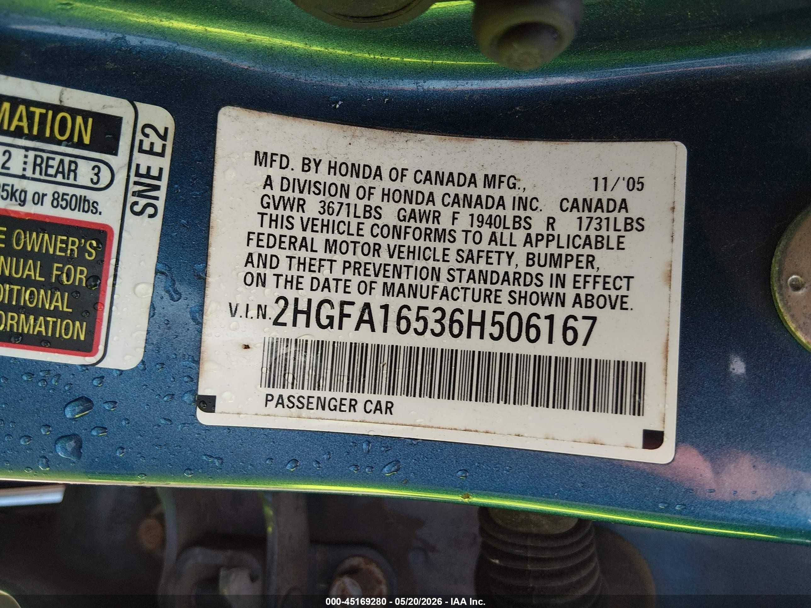 2006 Honda Civic Lx Blue vin: 2HGFA16536H506167