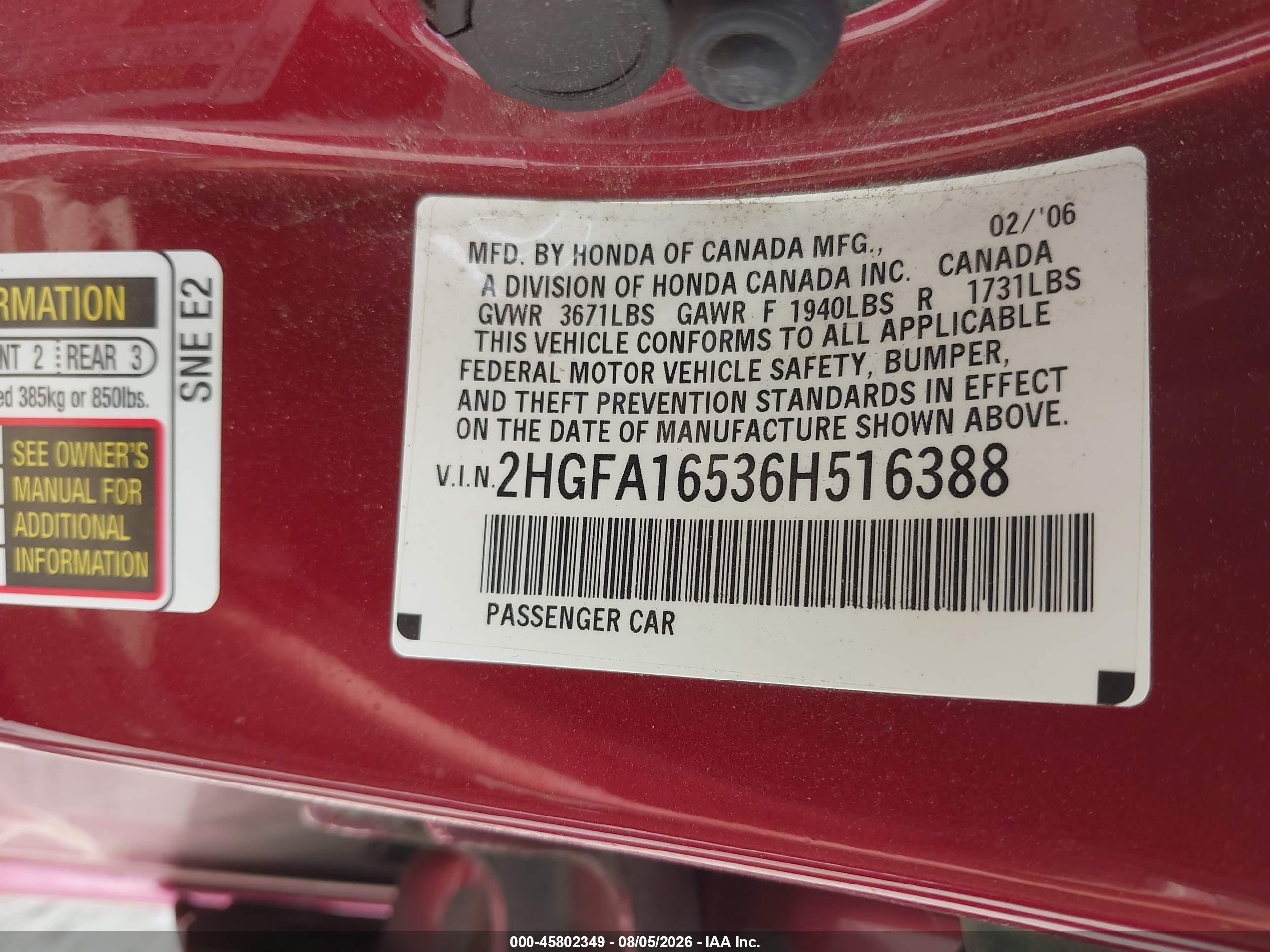 2006 Honda Civic Lx Burgundy vin: 2HGFA16536H516388