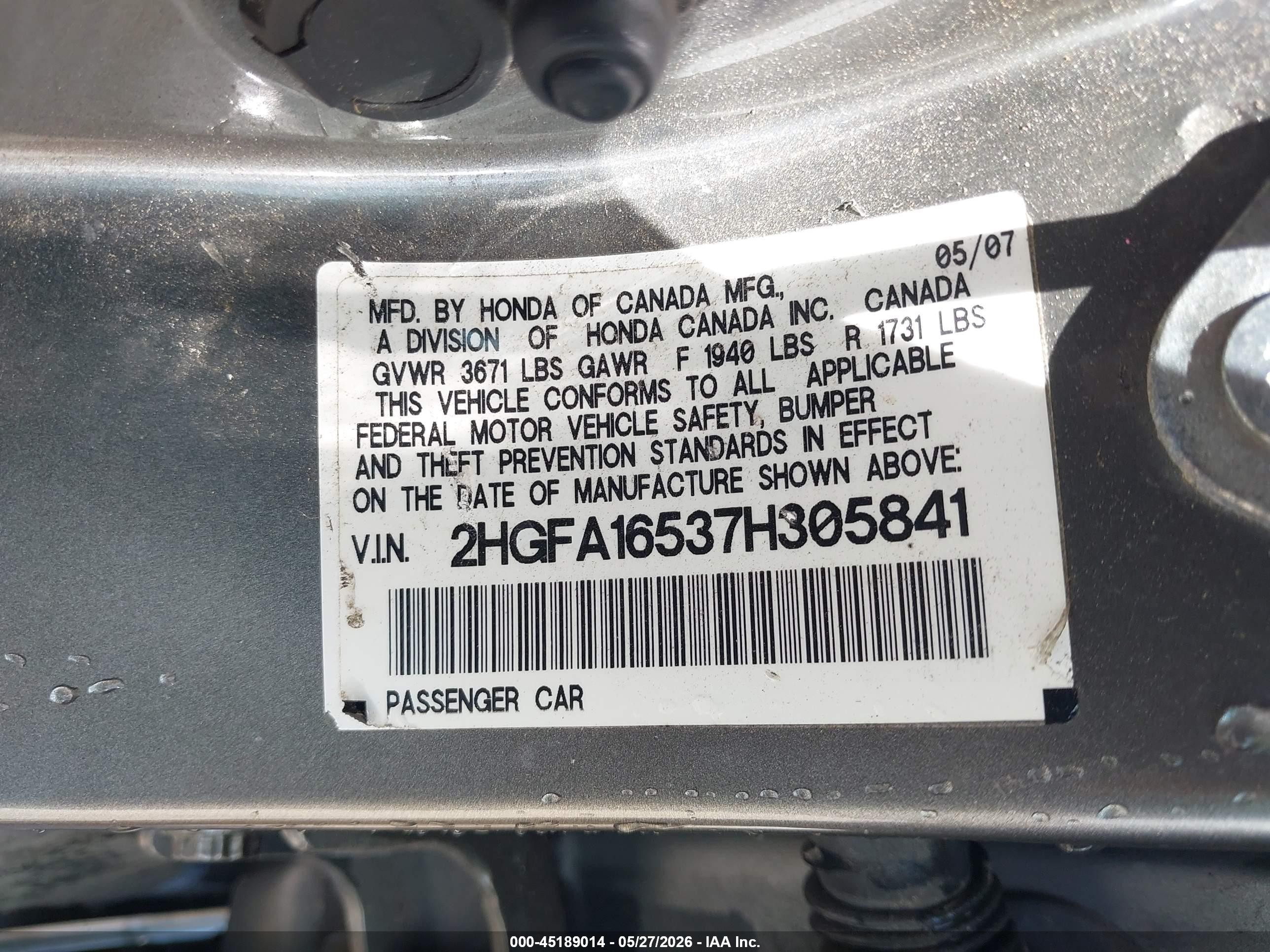 2007 Honda Civic Lx Серый vin: 2HGFA16537H305841