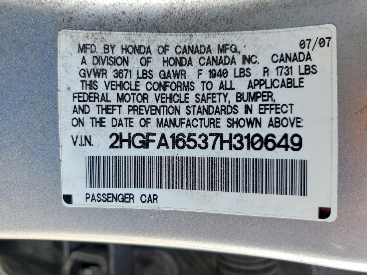 2007 Honda Civic Lx Silver vin: 2HGFA16537H310649