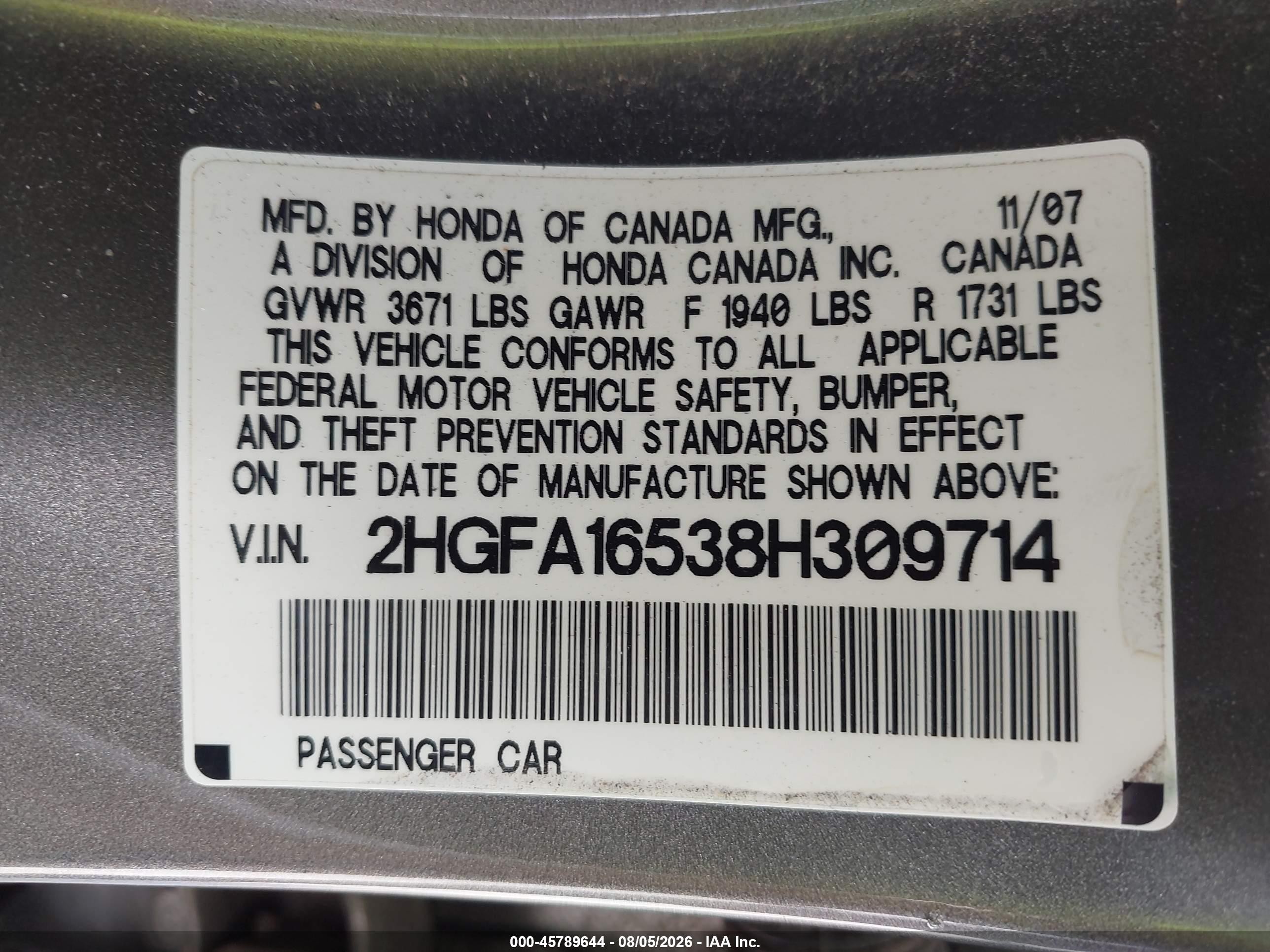 2008 Honda Civic Lx Gray vin: 2HGFA16538H309714