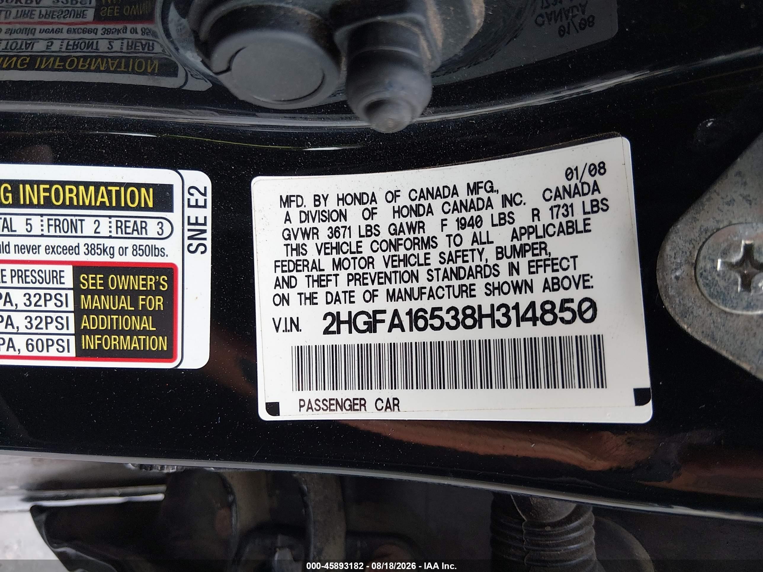 2008 Honda Civic Lx Black vin: 2HGFA16538H314850