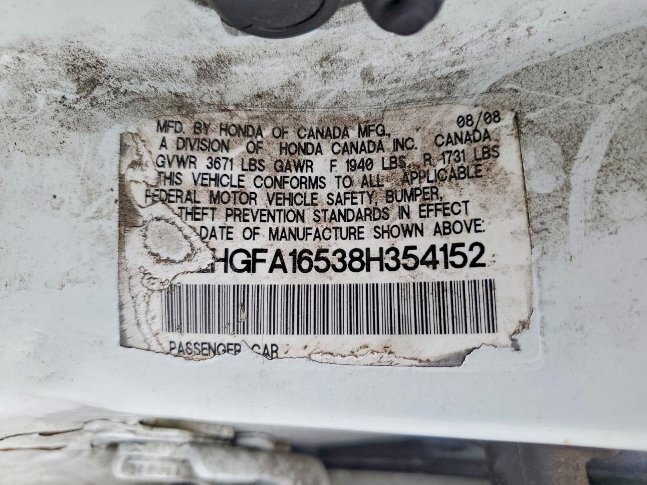 2008 Honda Civic Lx White vin: 2HGFA16538H354152