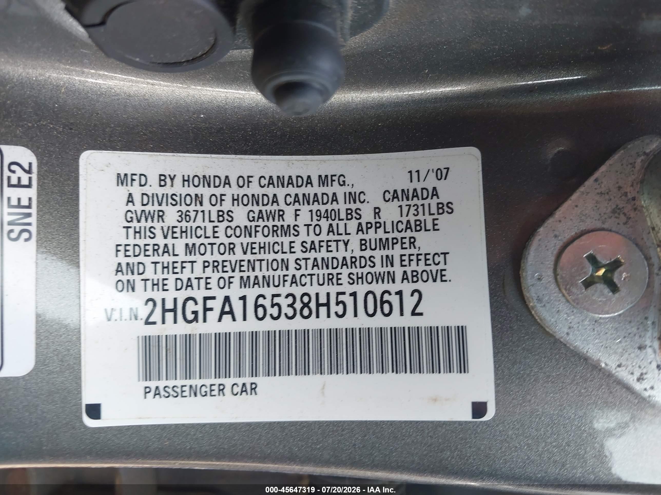 2008 Honda Civic Lx Gray vin: 2HGFA16538H510612
