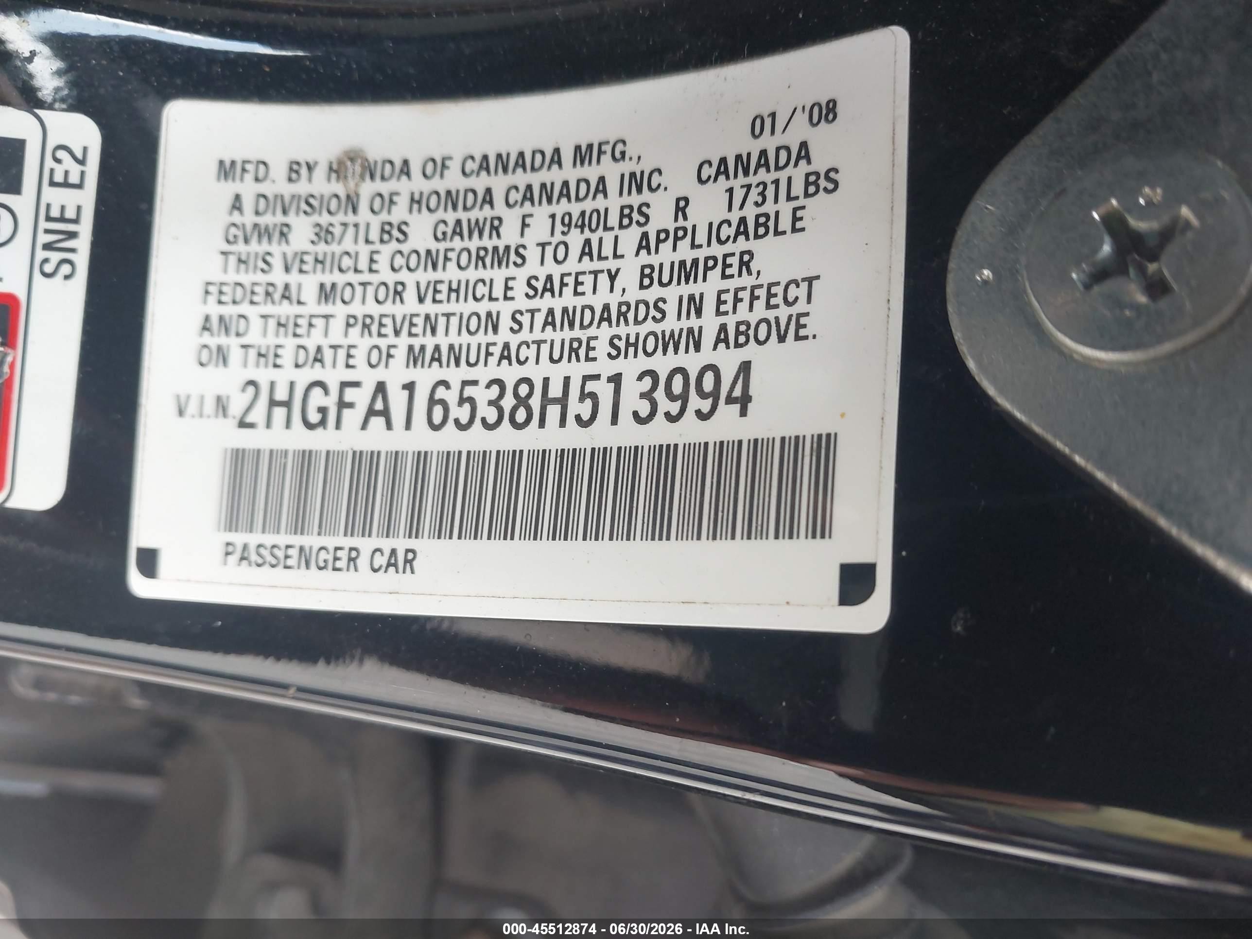 2008 Honda Civic Lx Black vin: 2HGFA16538H513994