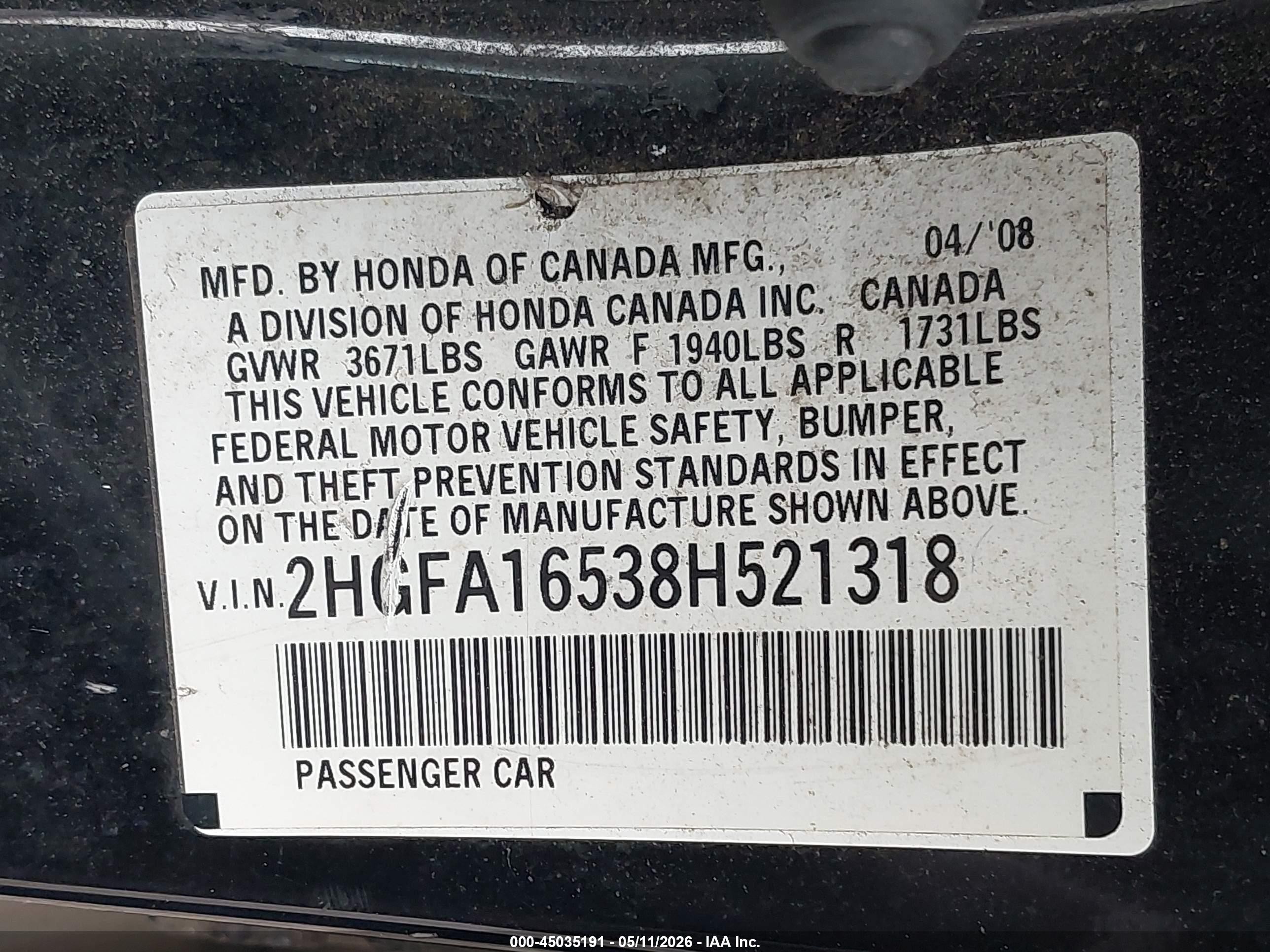 2008 Honda Civic Lx Black vin: 2HGFA16538H521318