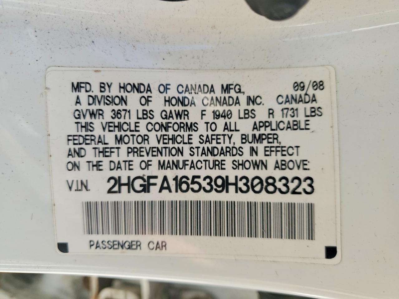 2009 Honda Civic Lx White vin: 2HGFA16539H308323