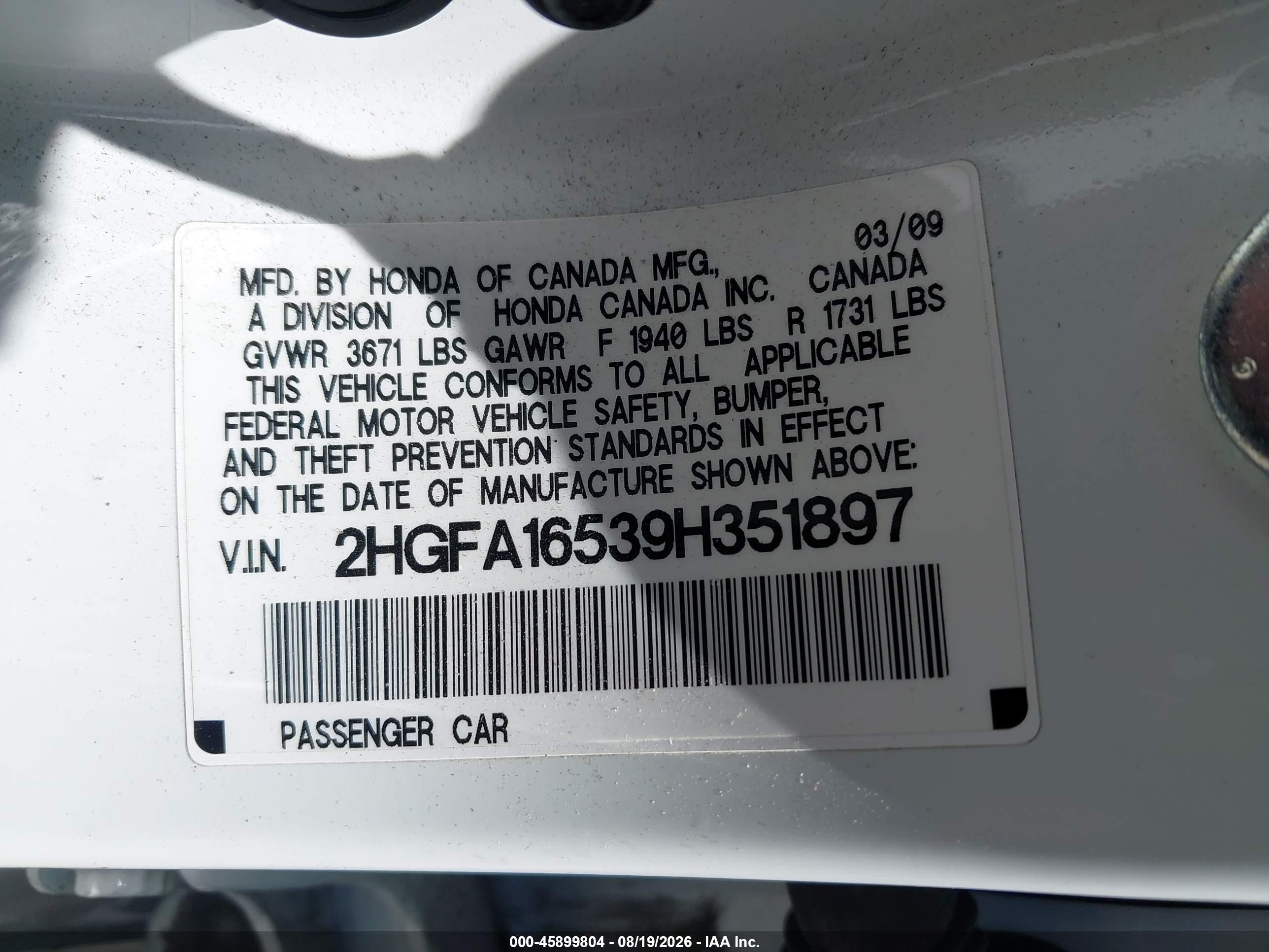 2009 Honda Civic Lx White vin: 2HGFA16539H351897