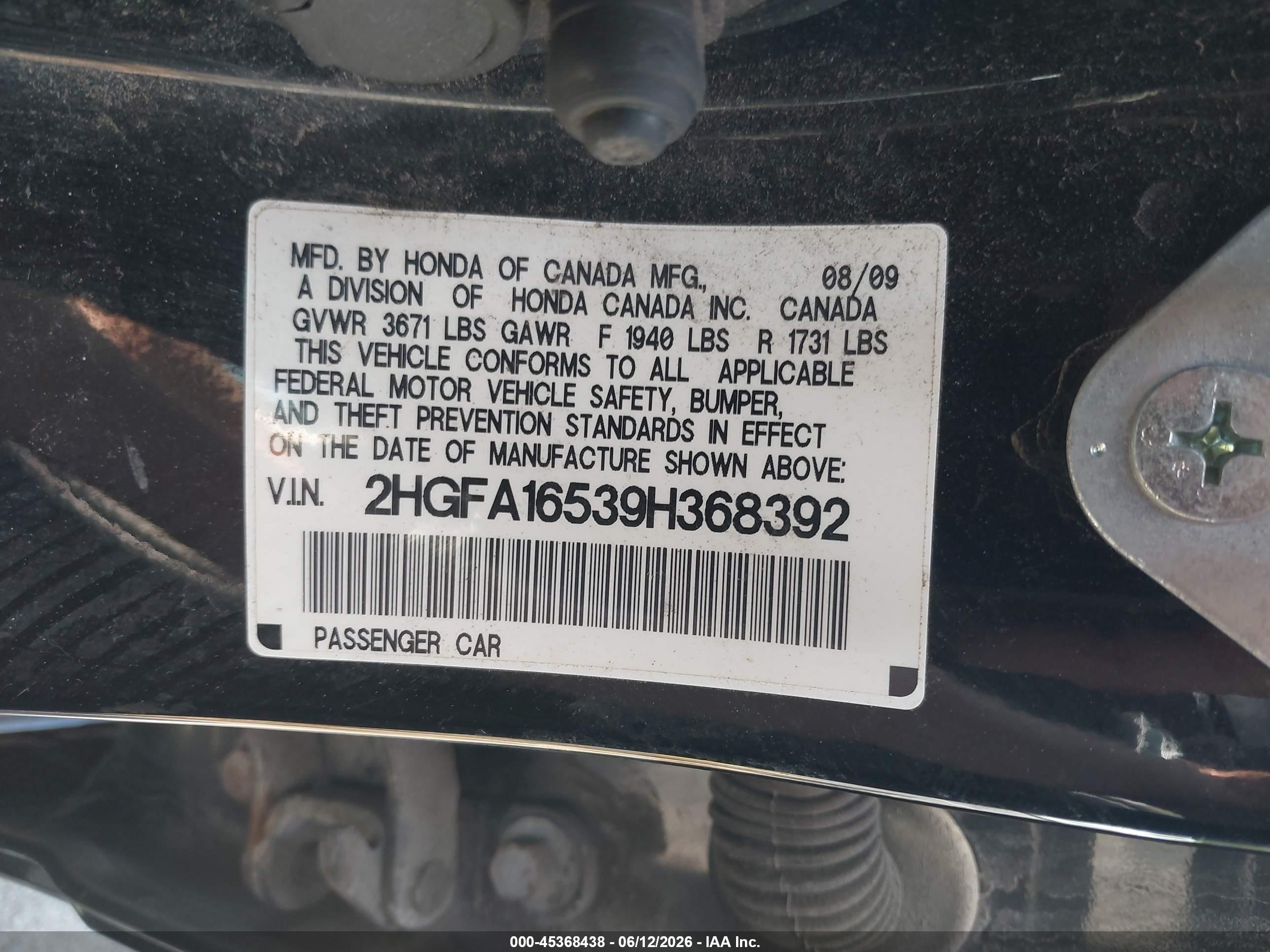 2009 Honda Civic Lx Black vin: 2HGFA16539H368392