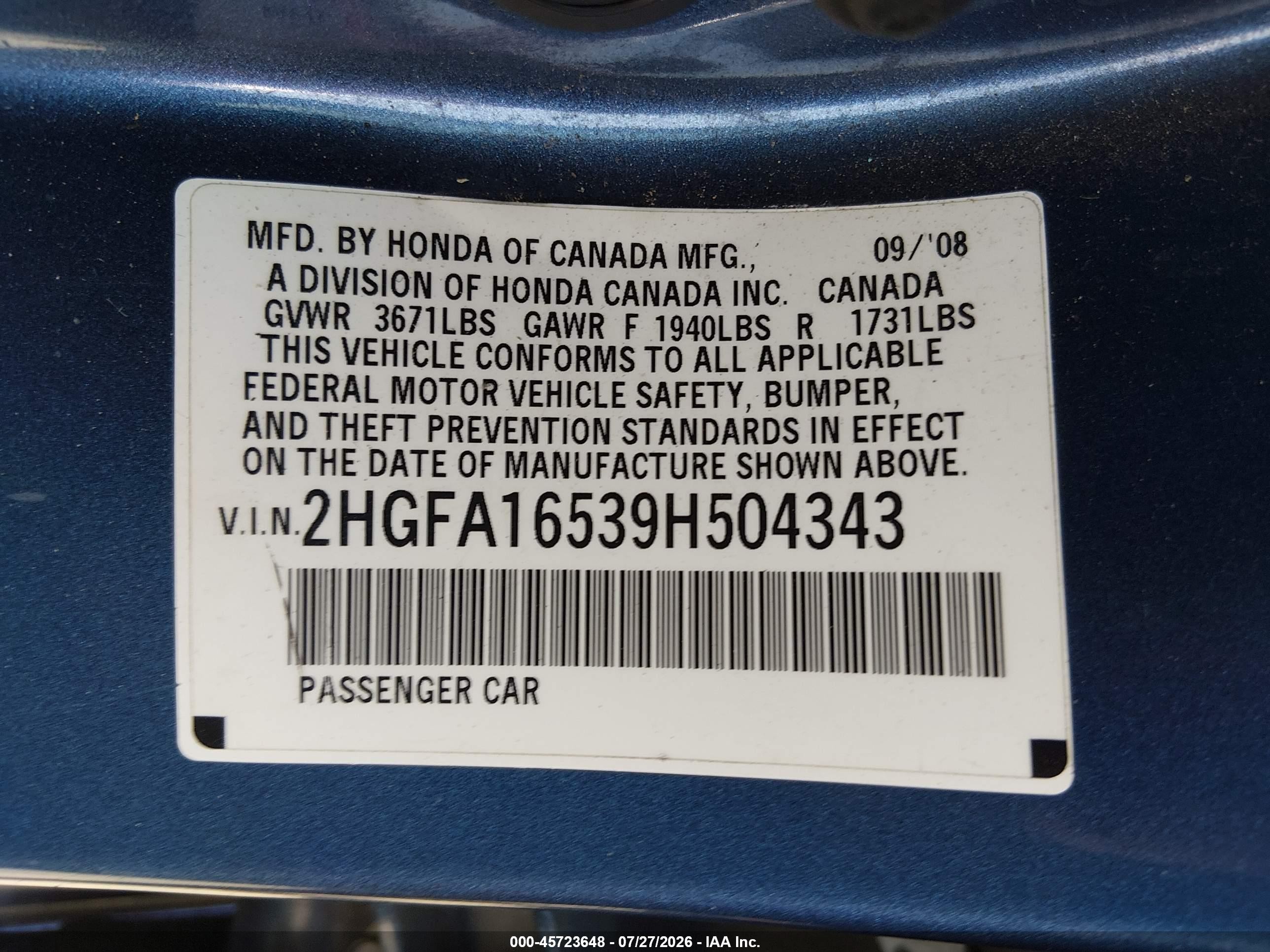 2009 Honda Civic Lx Blue vin: 2HGFA16539H504343