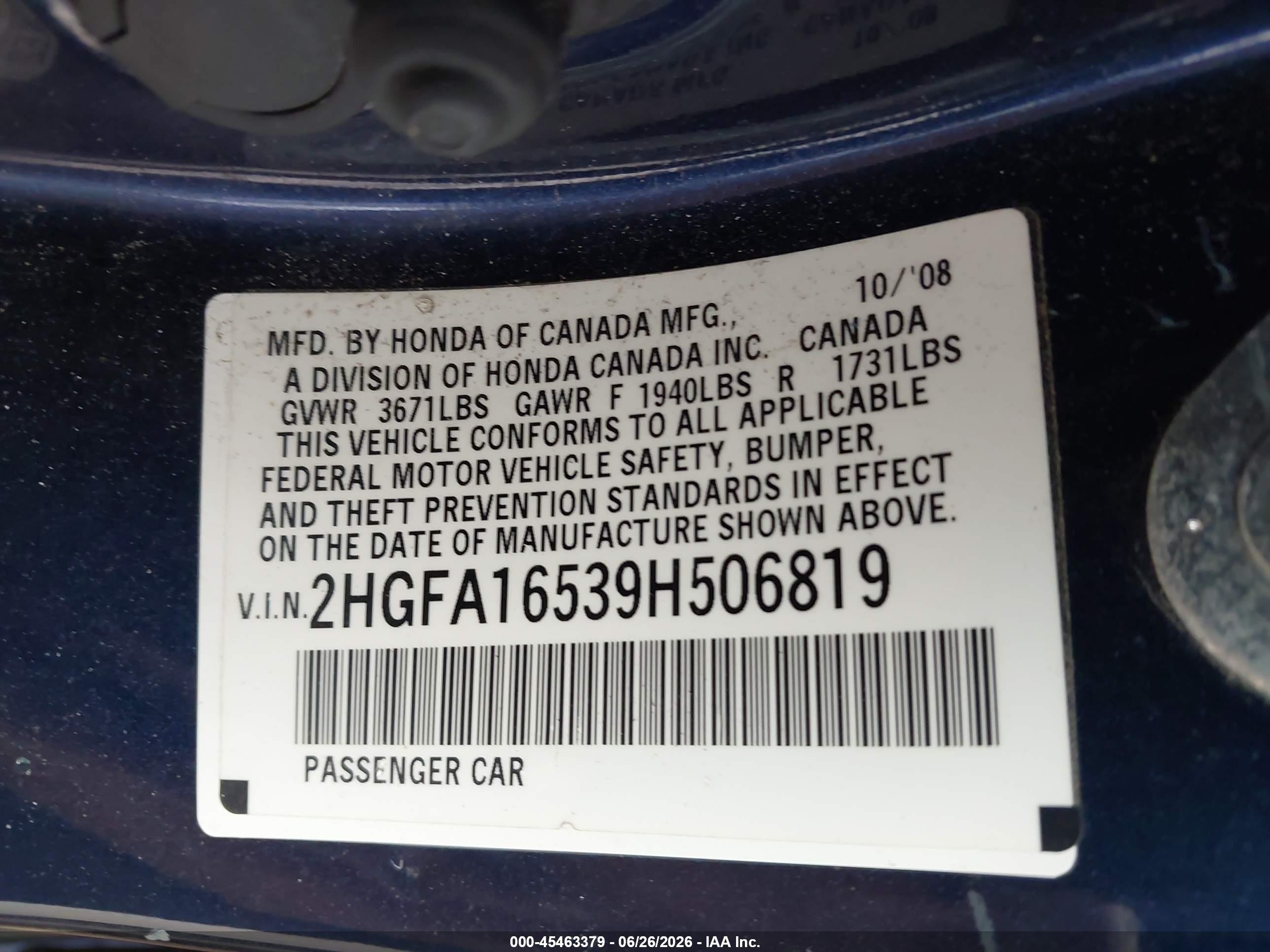 2009 Honda Civic Lx Blue vin: 2HGFA16539H506819