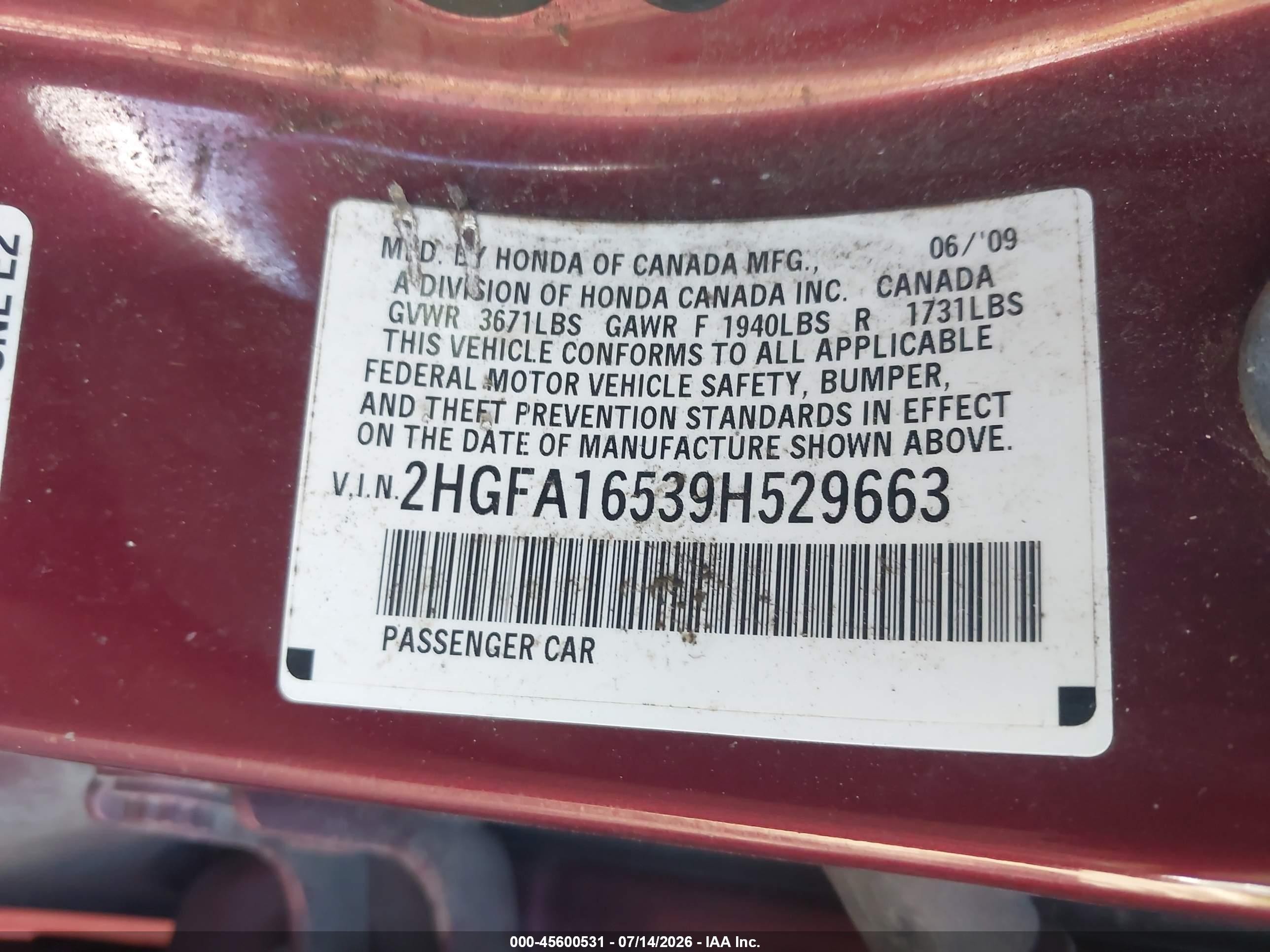 2009 Honda Civic Lx Красный vin: 2HGFA16539H529663