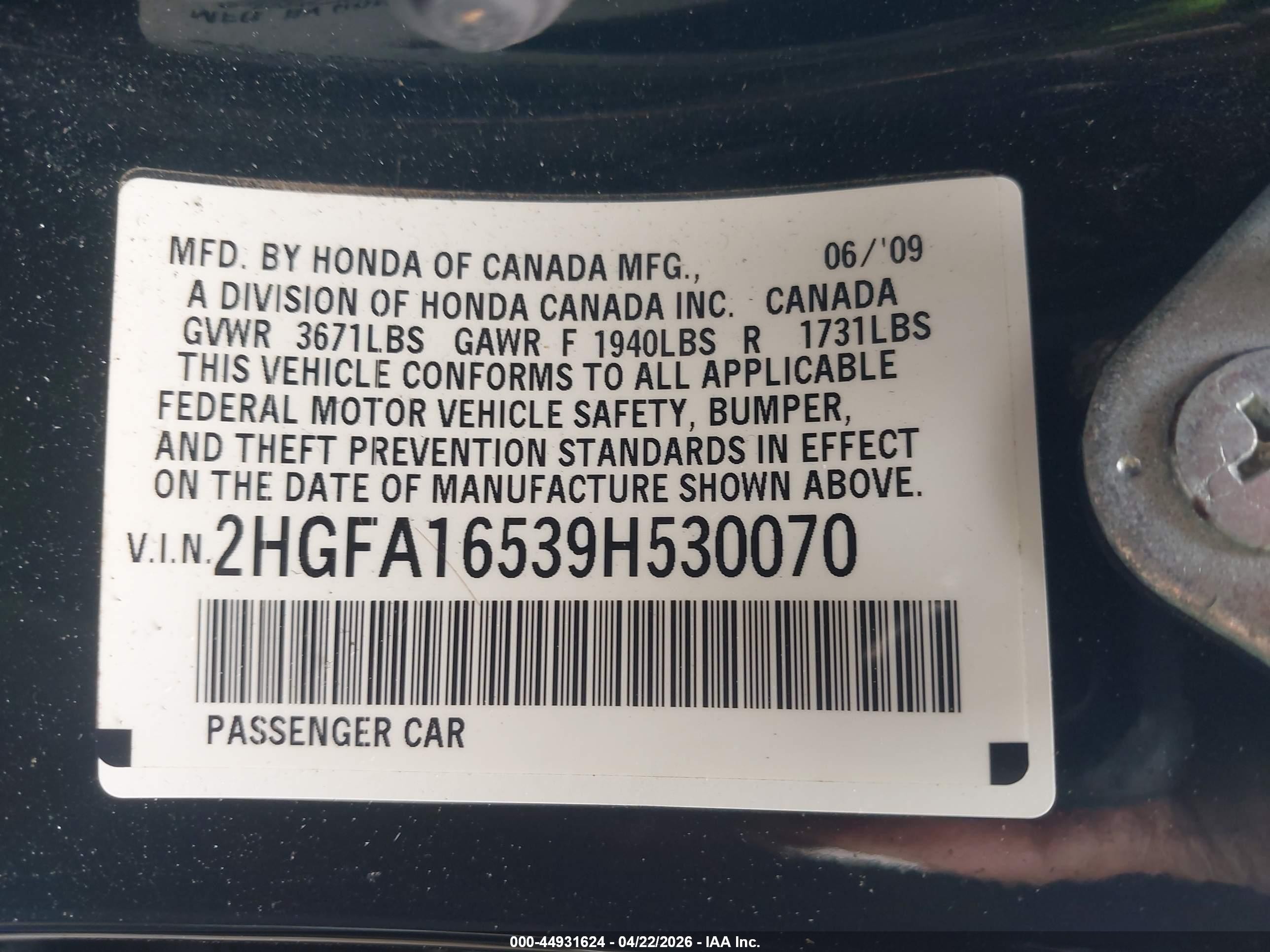2009 Honda Civic Lx Black vin: 2HGFA16539H530070