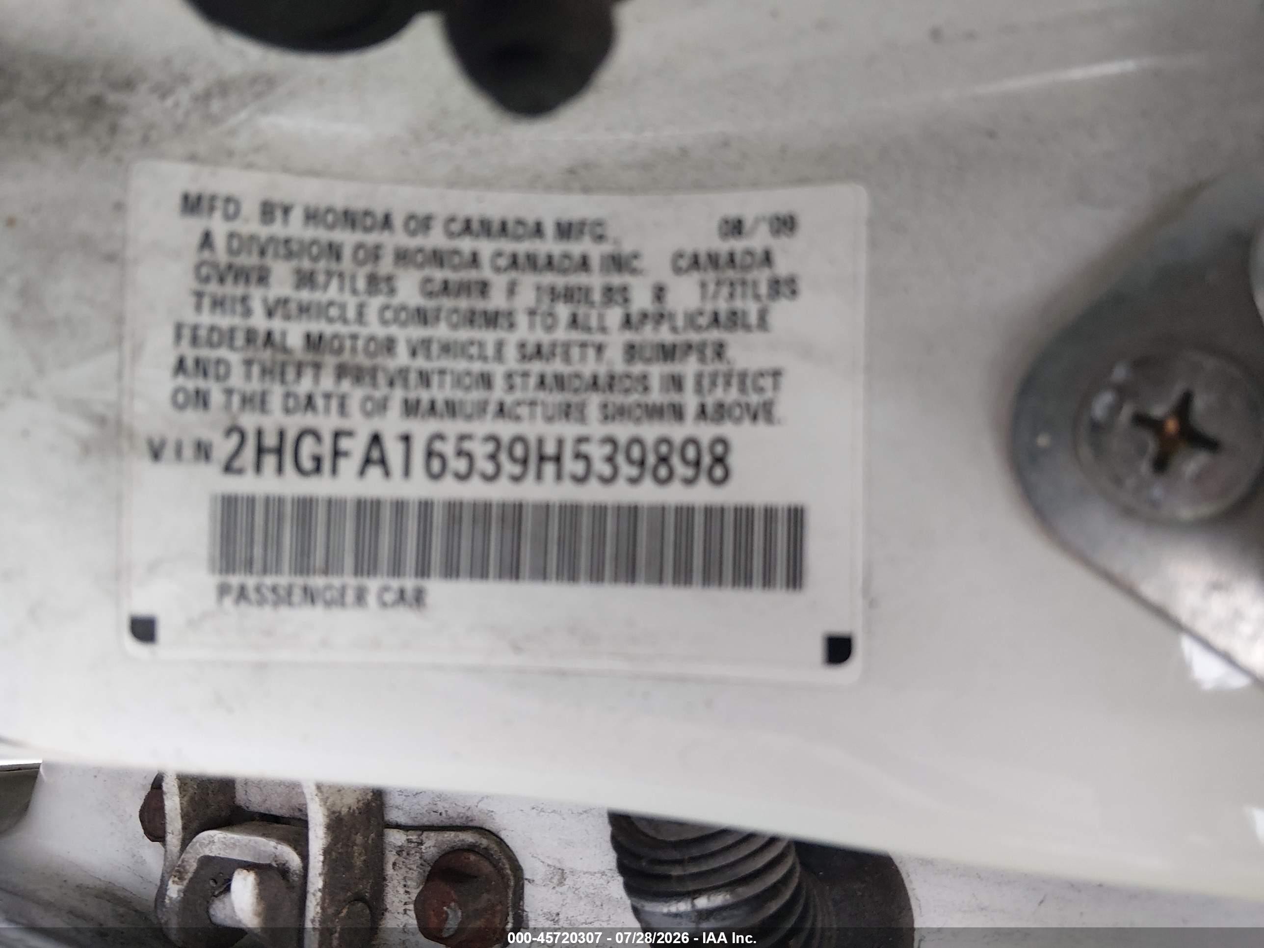 2009 Honda Civic Lx White vin: 2HGFA16539H539898
