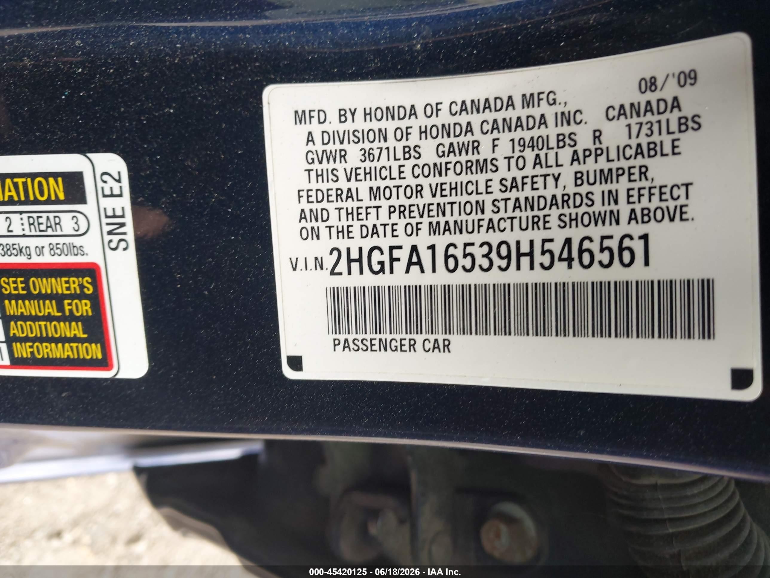 2009 Honda Civic Lx Blue vin: 2HGFA16539H546561