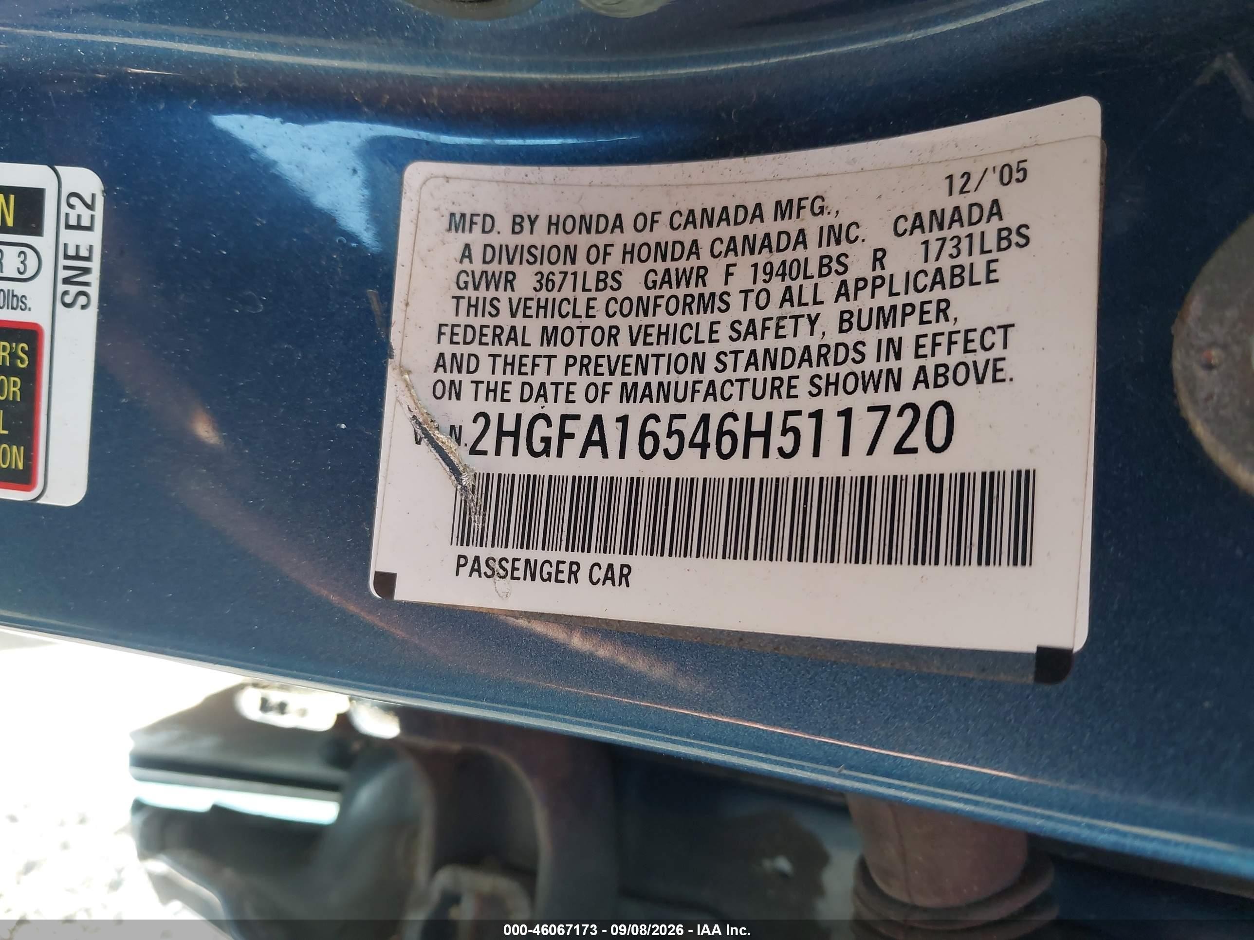 2006 Honda Civic Lx Blue vin: 2HGFA16546H511720