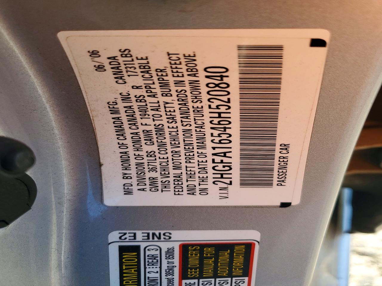 2006 Honda Civic Lx Silver vin: 2HGFA16546H520840