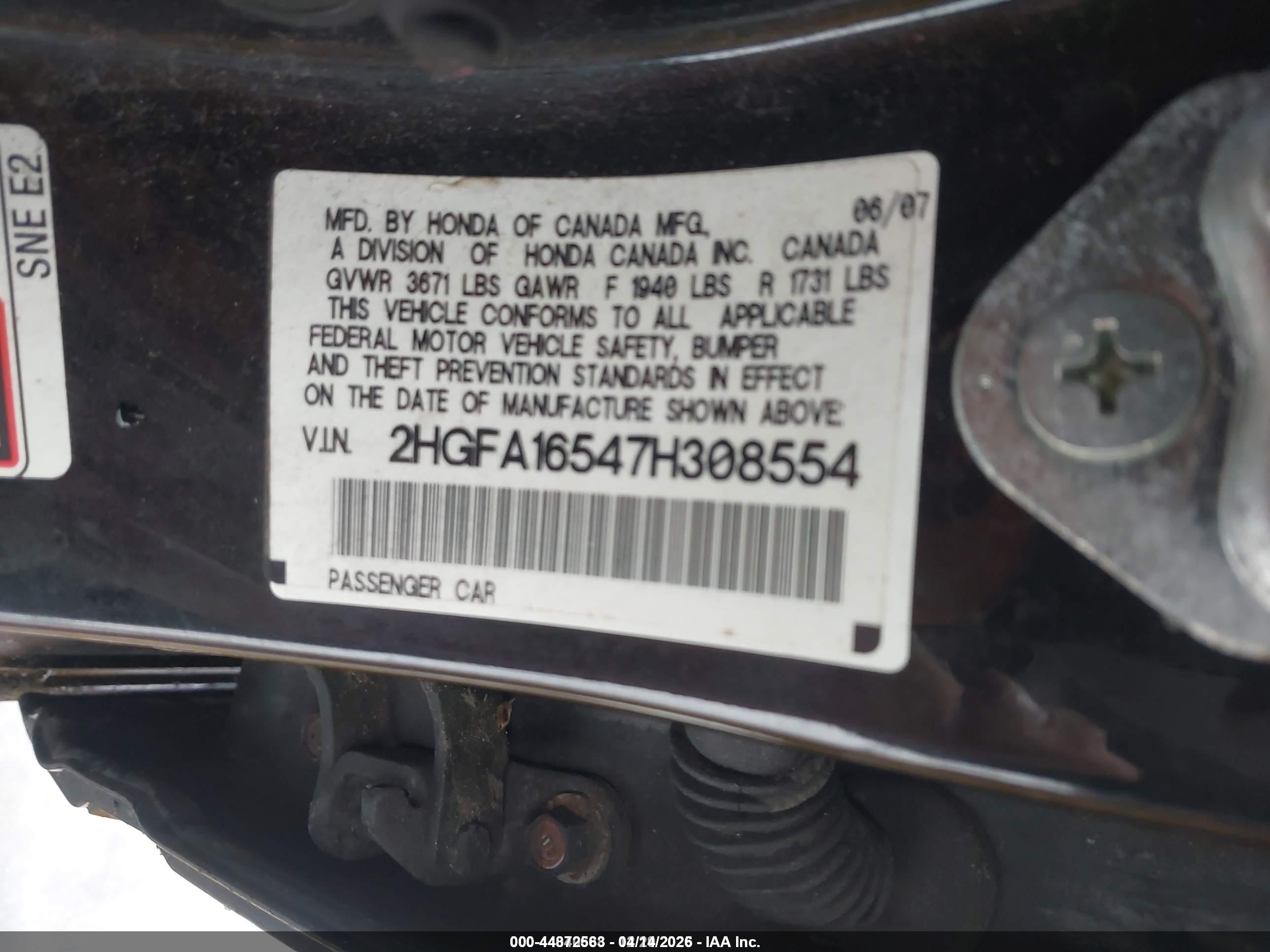 2007 Honda Civic Lx Black vin: 2HGFA16547H308554
