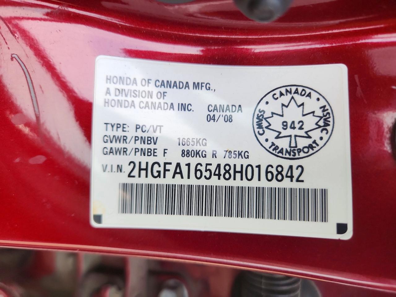 2008 Honda Civic Lx Red vin: 2HGFA16548H016842