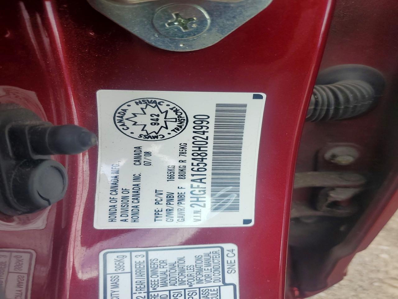 2008 Honda Civic Lx Red vin: 2HGFA16548H024990