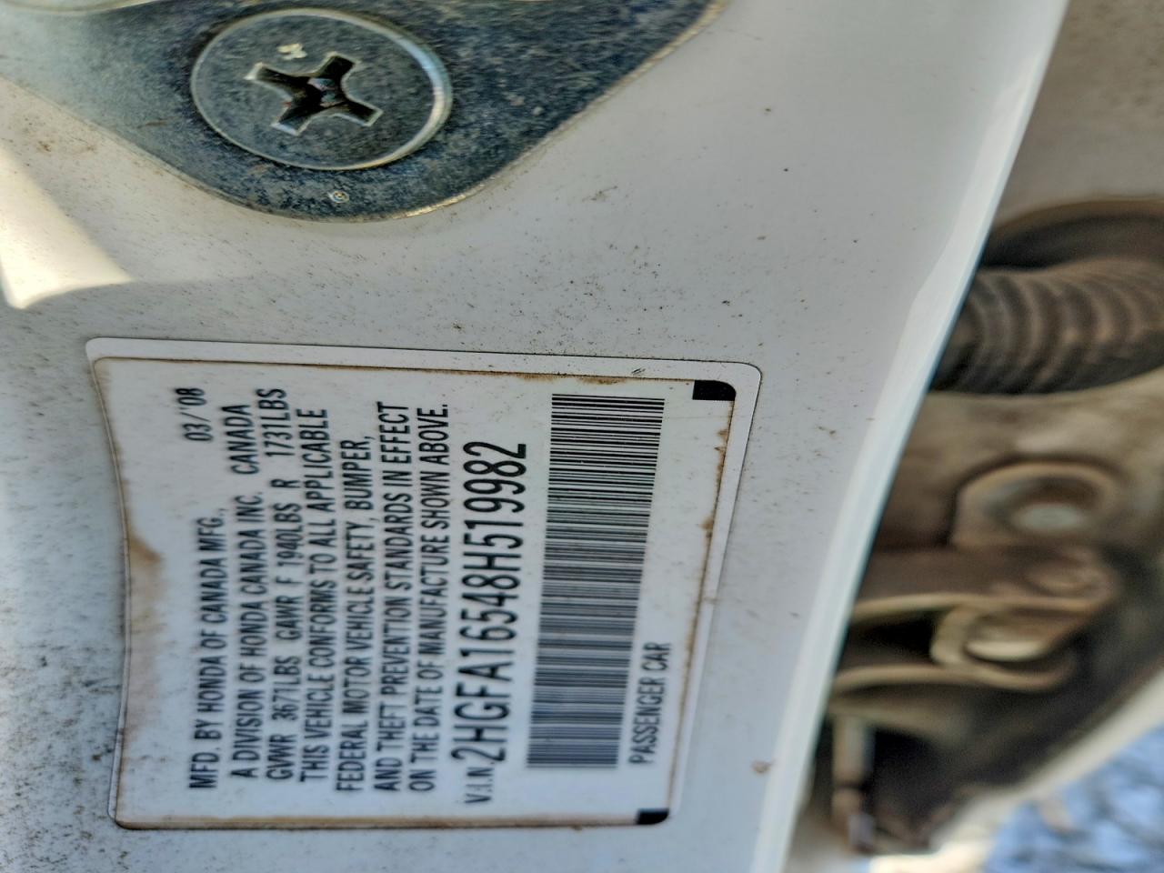 2008 Honda Civic Lx White vin: 2HGFA16548H519982