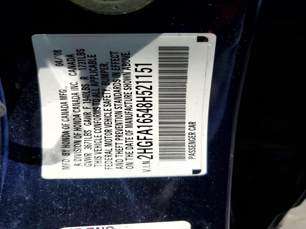 2008 Honda Civic Lx Blue vin: 2HGFA16548H521151