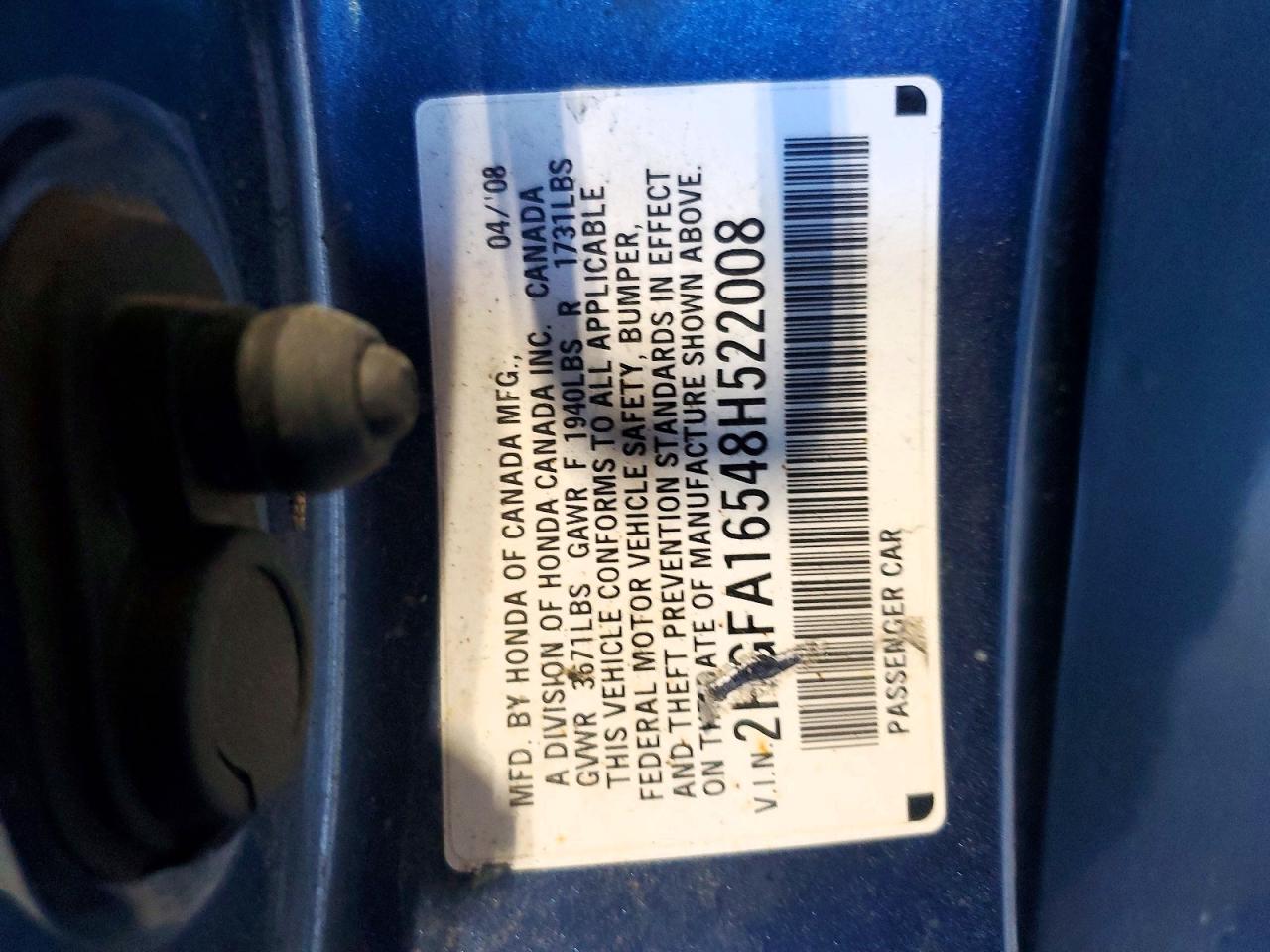 2008 Honda Civic Lx Blue vin: 2HGFA16548H522008