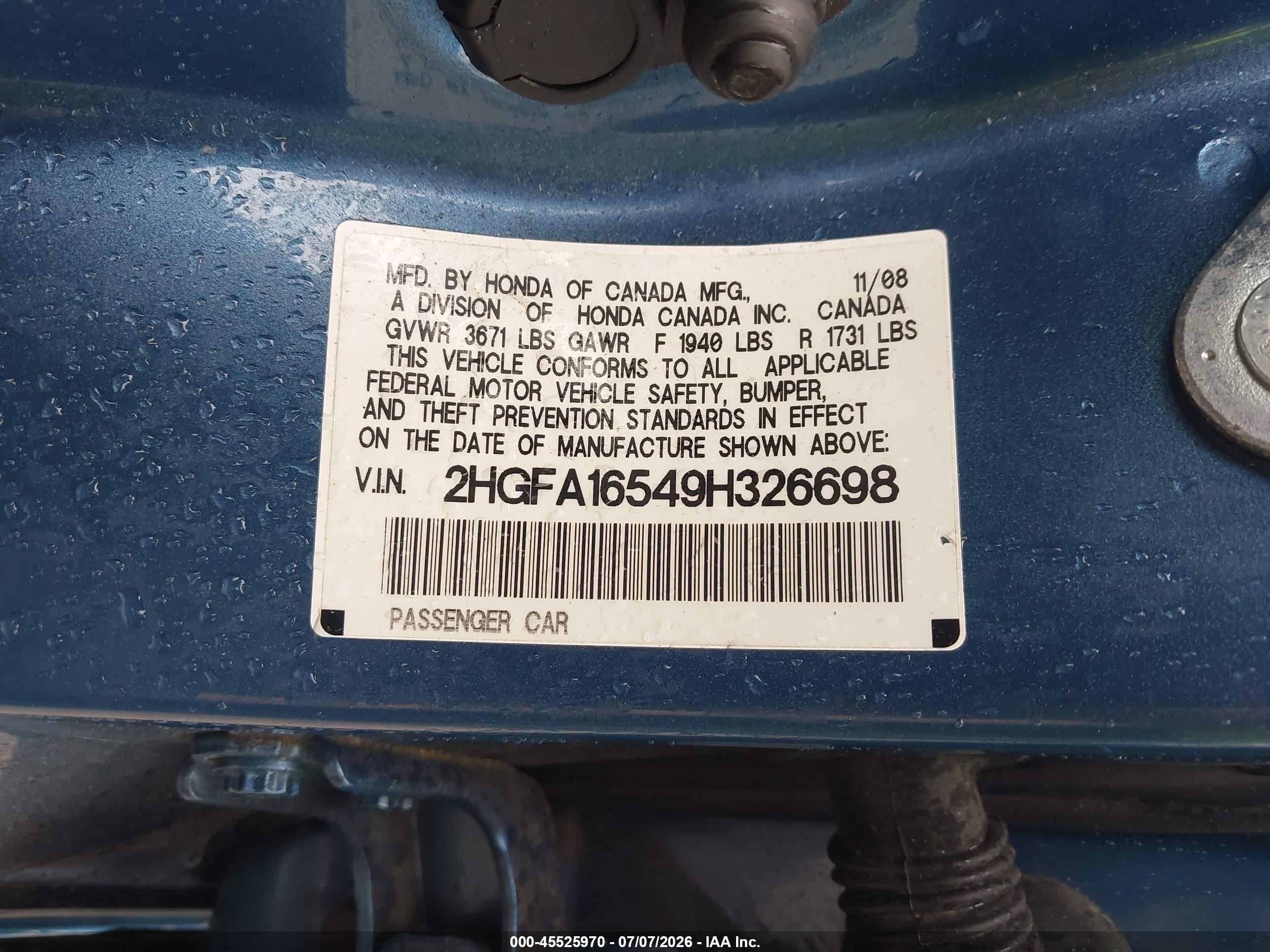 2009 Honda Civic Lx Blue vin: 2HGFA16549H326698