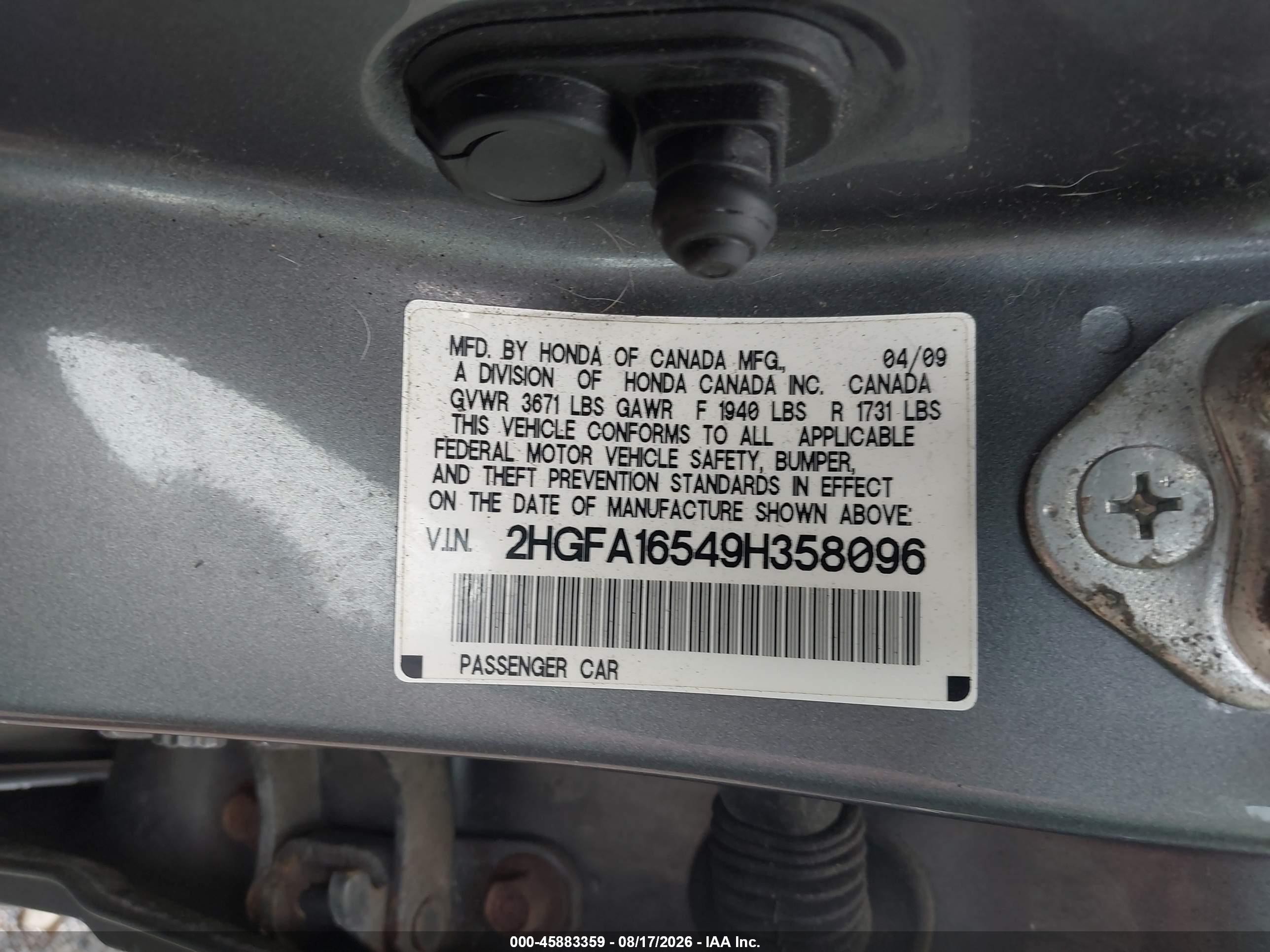2009 Honda Civic Lx Gray vin: 2HGFA16549H358096