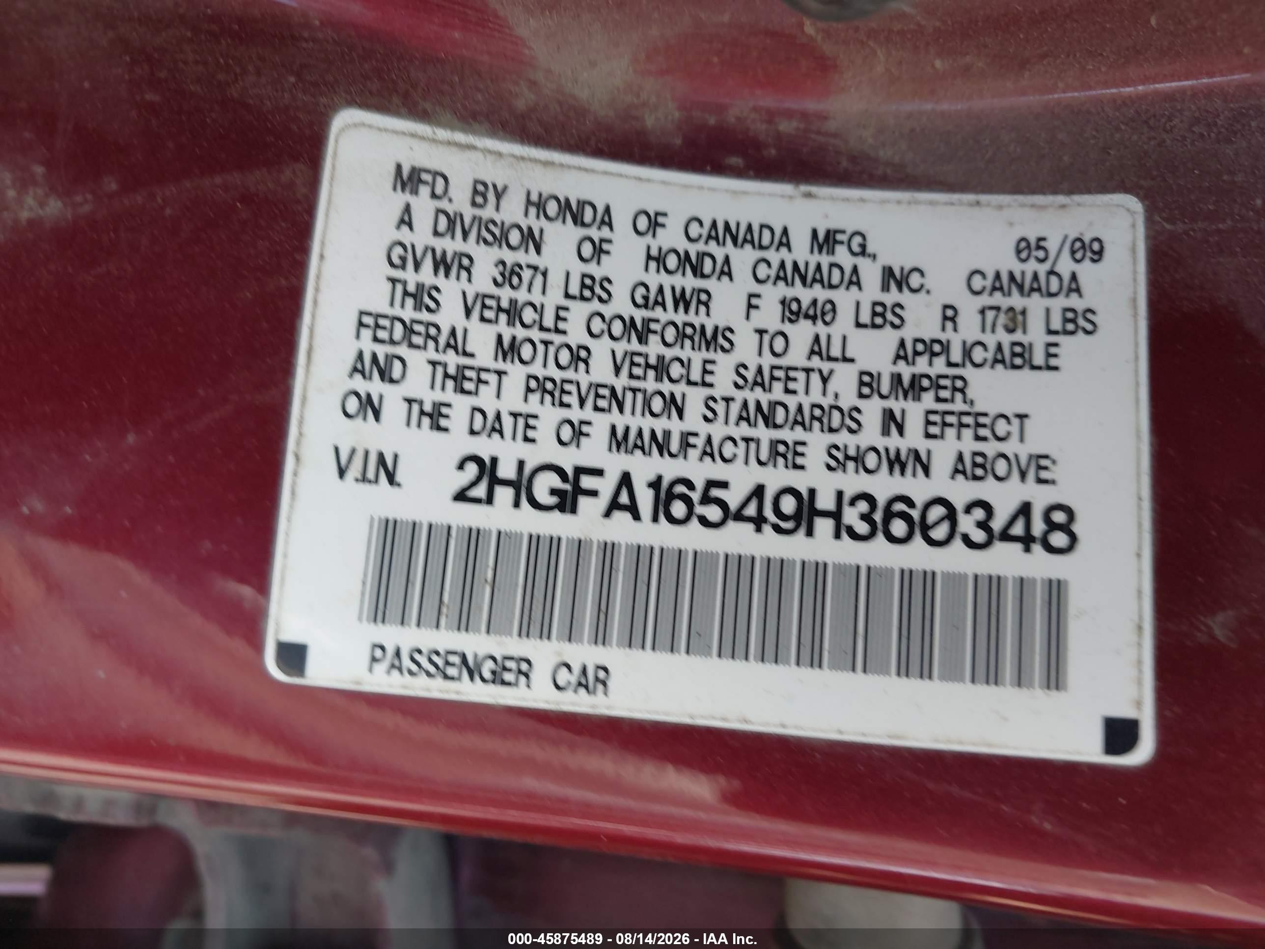 2009 Honda Civic Lx Red vin: 2HGFA16549H360348