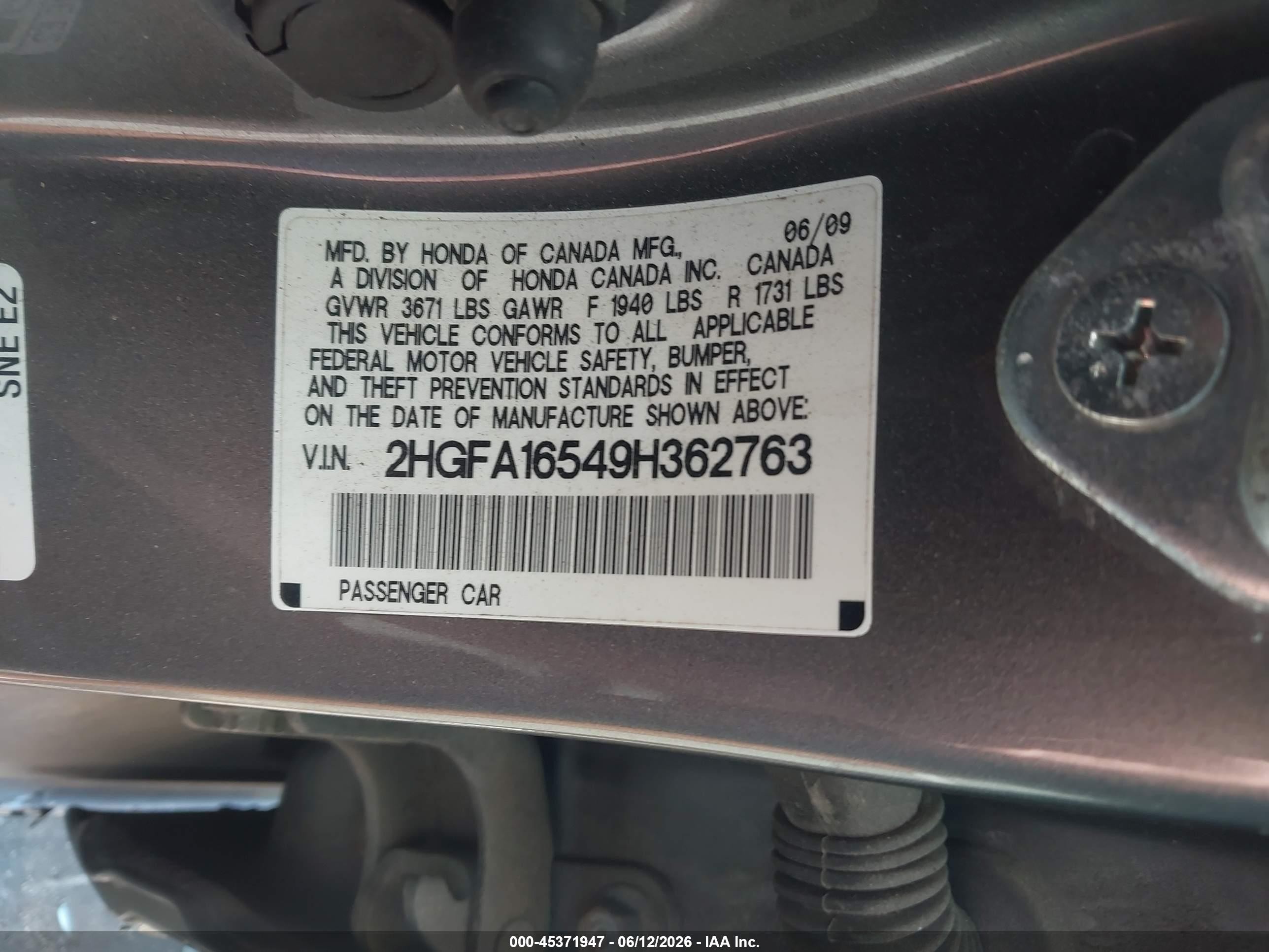 2009 Honda Civic Lx Gray vin: 2HGFA16549H362763