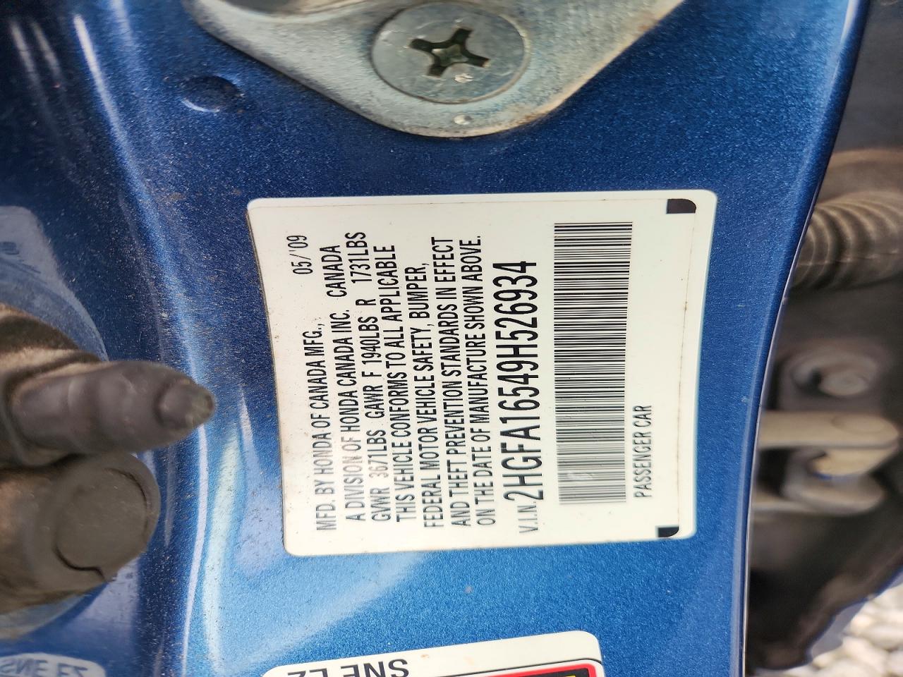 2009 Honda Civic Lx Blue vin: 2HGFA16549H526934