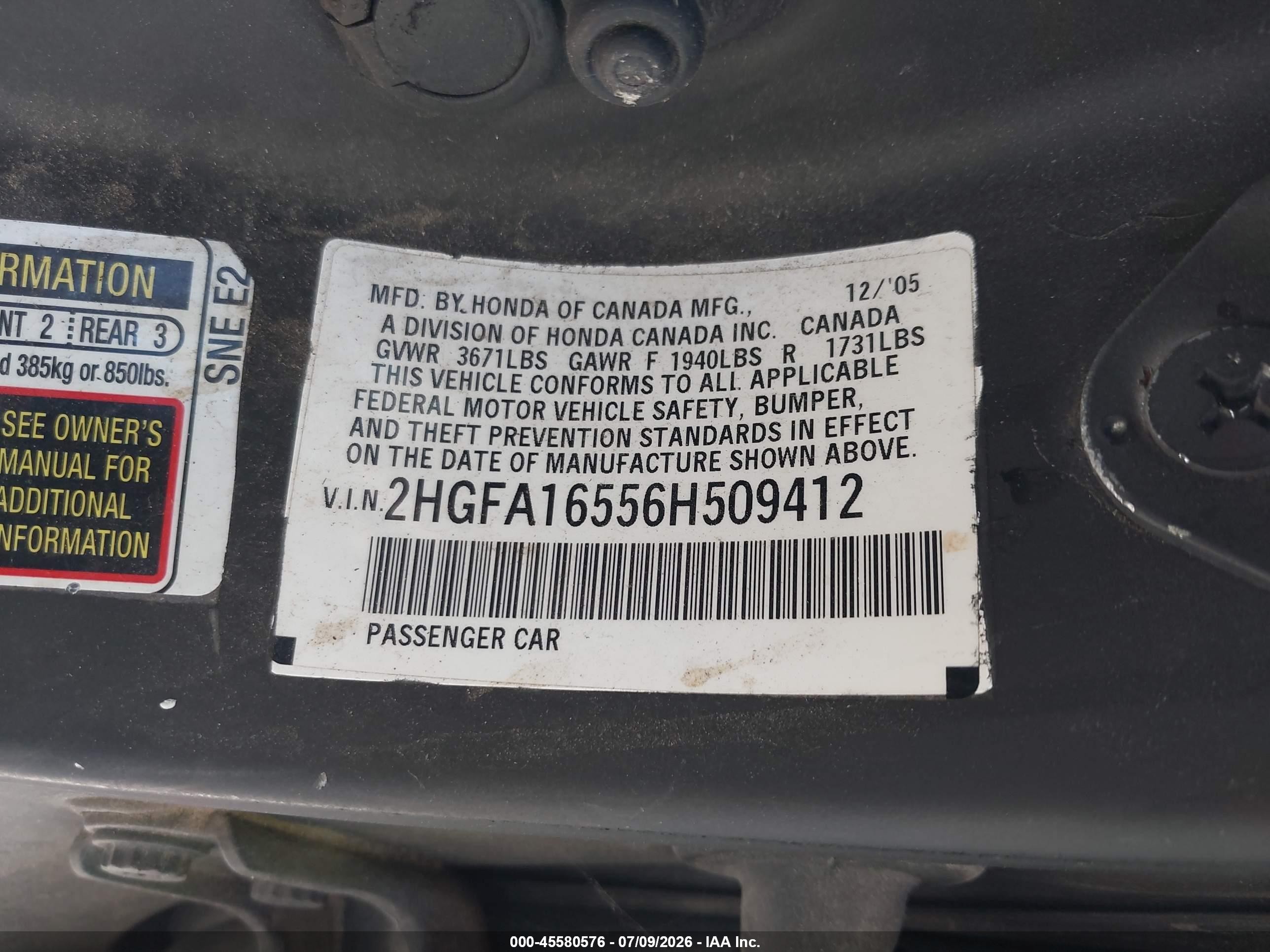 2006 Honda Civic Lx Black vin: 2HGFA16556H509412