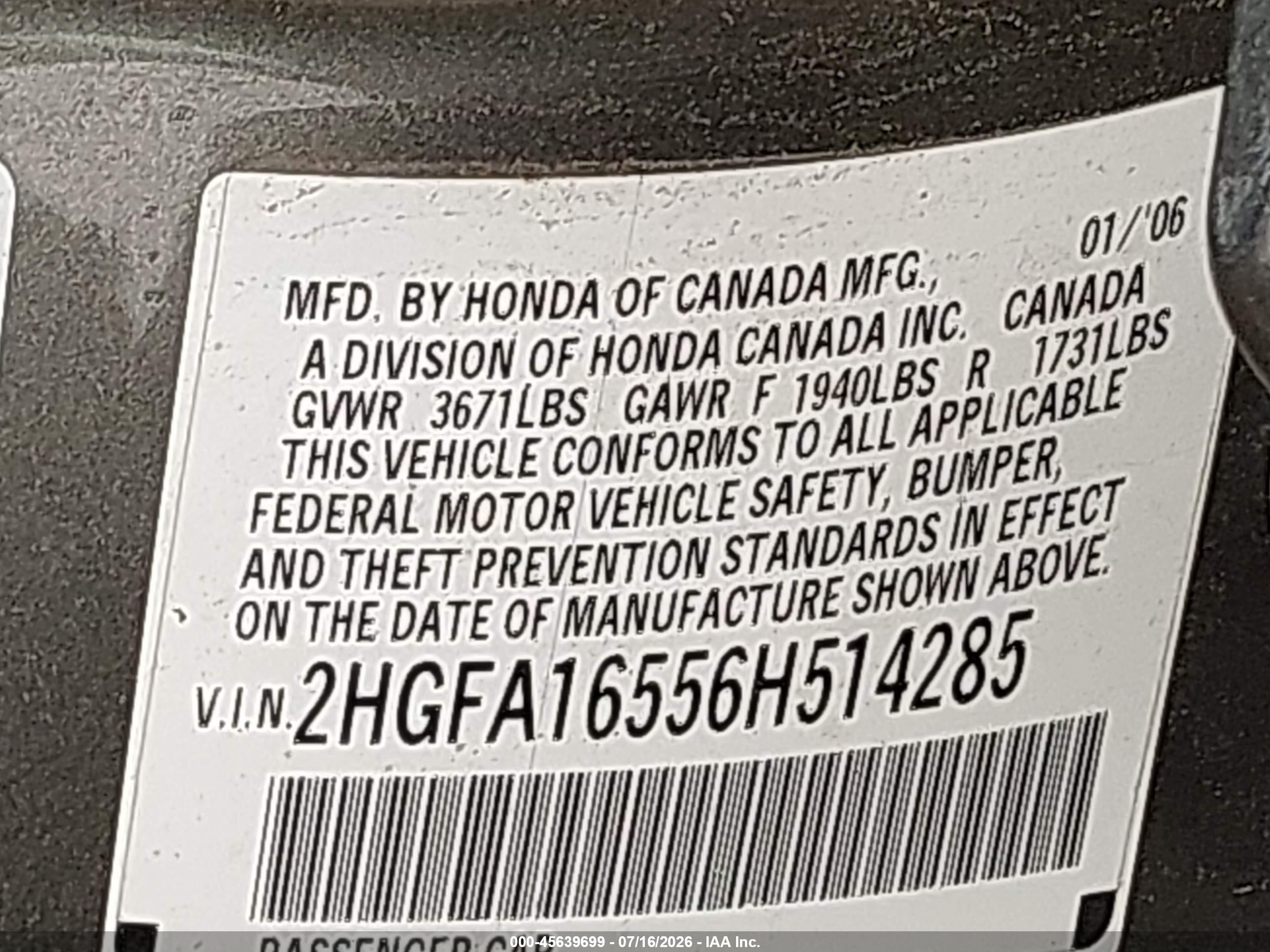 2006 Honda Civic Lx Gray vin: 2HGFA16556H514285